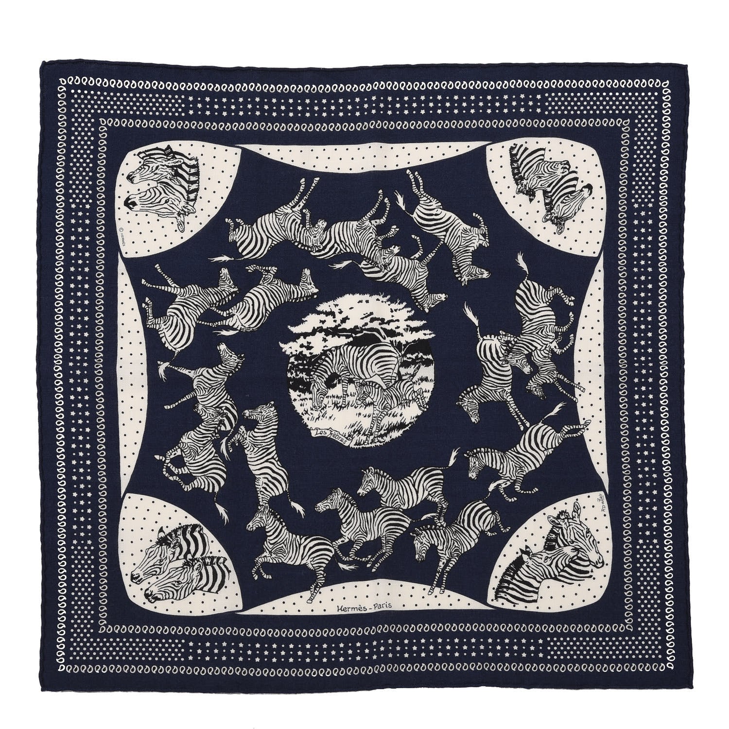 Hermes Cashmere Silk Les Zebras Bandana Scarf 55 Marine Black White 1 of 5
