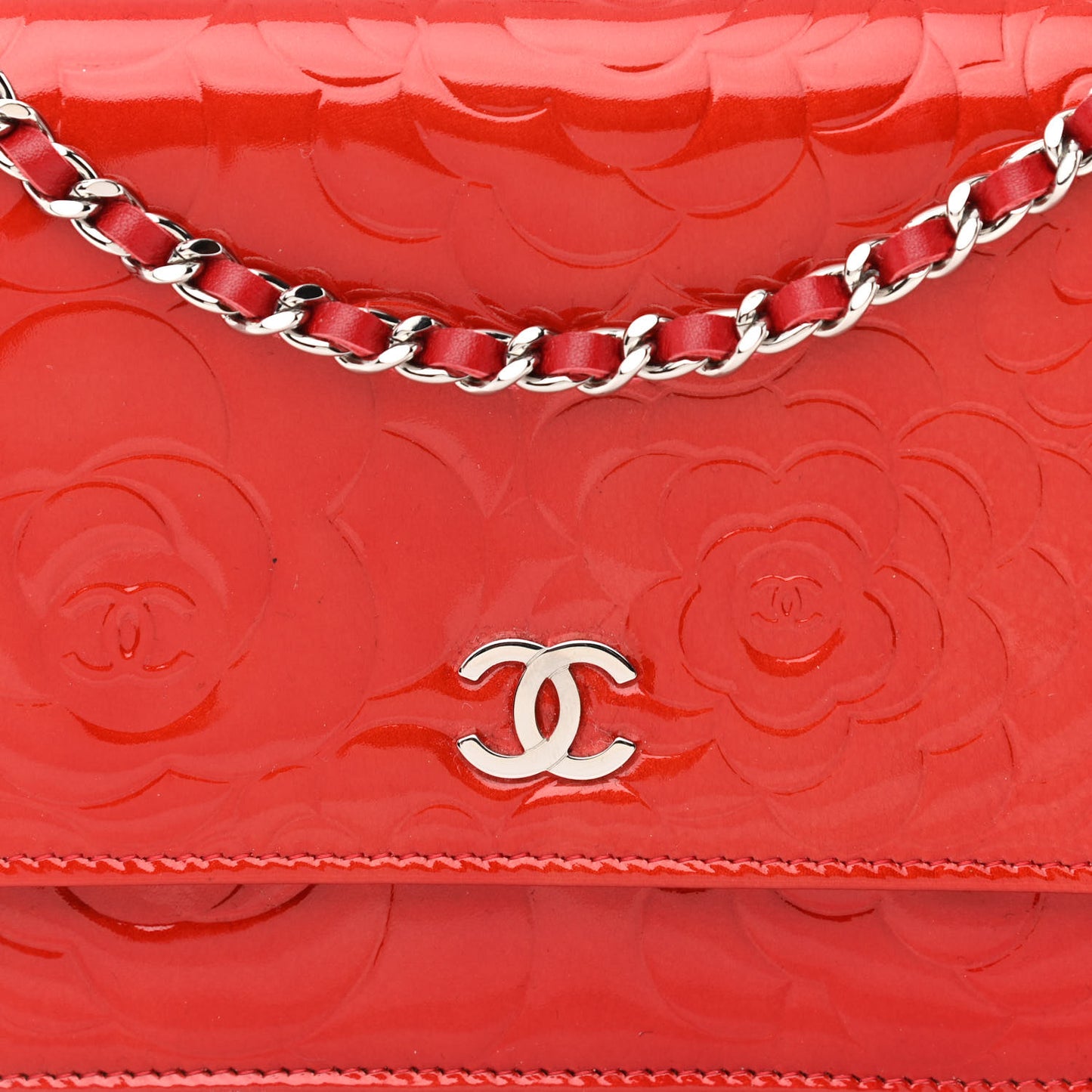 Patent Camellia Embossed Wallet On Chain WOC Dark Red