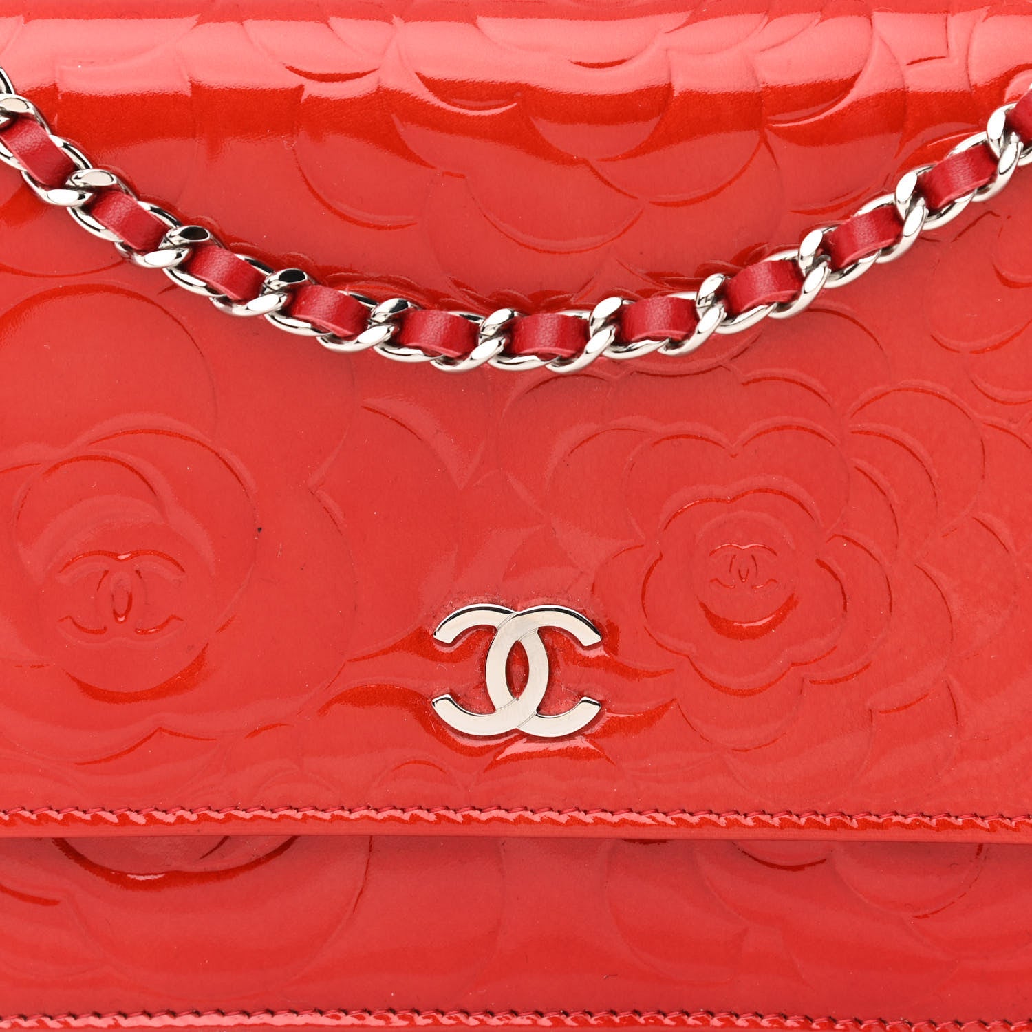 Chanel Patent Camellia Embossed Wallet On Chain WOC Dark Red 9 of 12