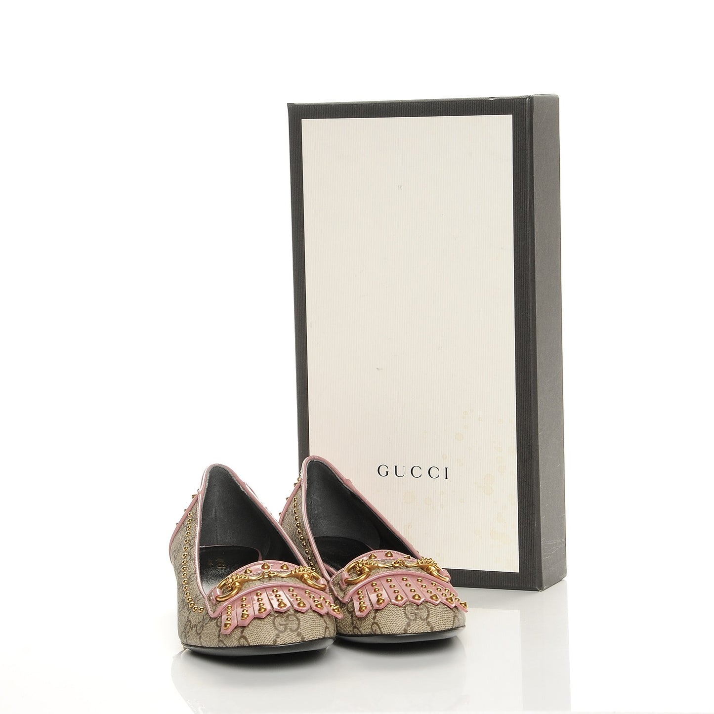 GG Supreme Monogram Patent Studded Fringe Loafer Pumps 38.5 Beige Ebony Carmine Rose