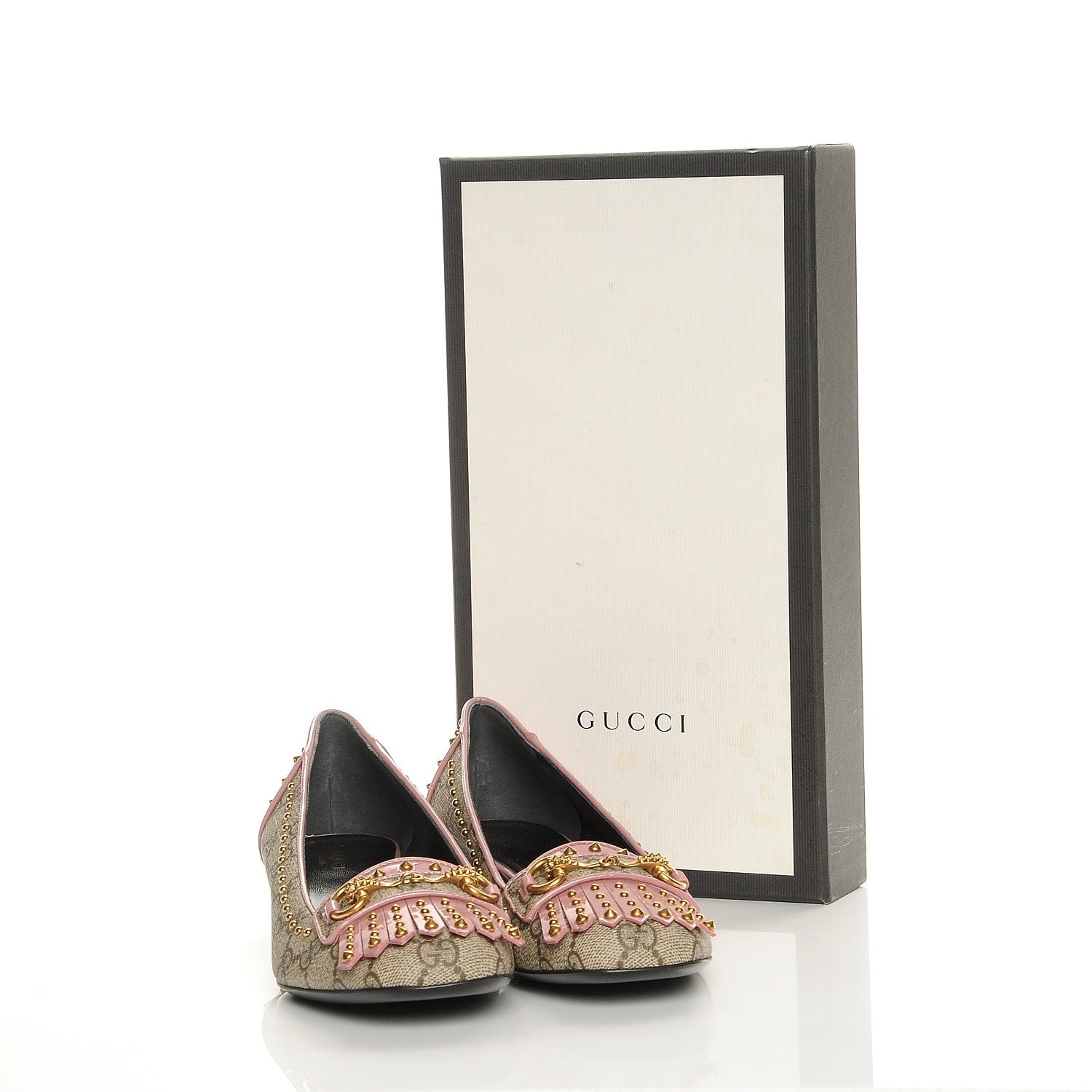 Gucci GG Supreme Monogram Patent Studded Fringe Loafer Pumps 38.5 Beige Ebony Carmine Rose 9 of 9
