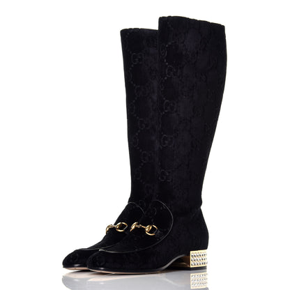 Gucci Velvet GG Monogram Crystal Horsebit Knee High Boots 35 Black 3 of 8