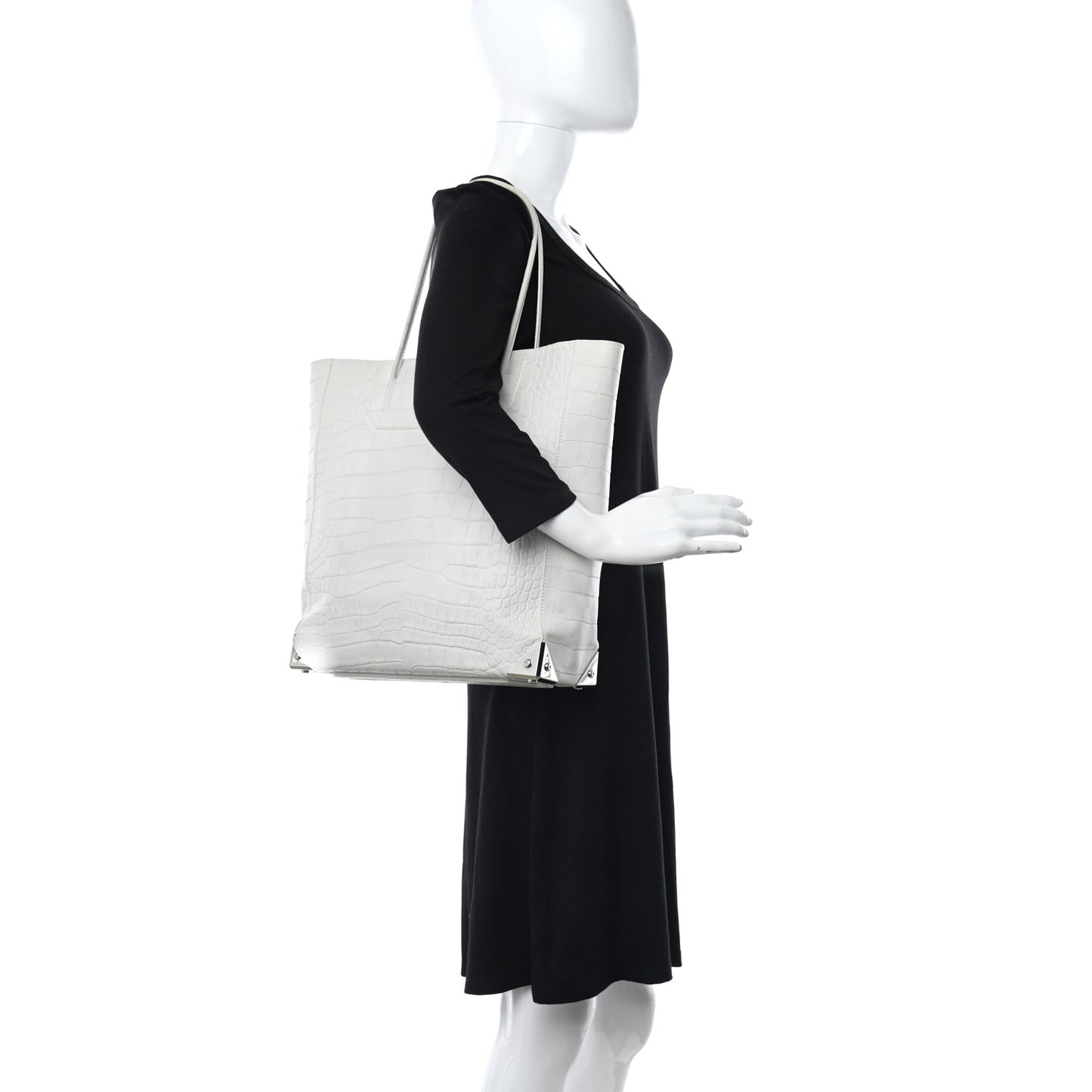 Calfskin Crocodile Embossed Prisma Skeletal Tote White Silver Hardware