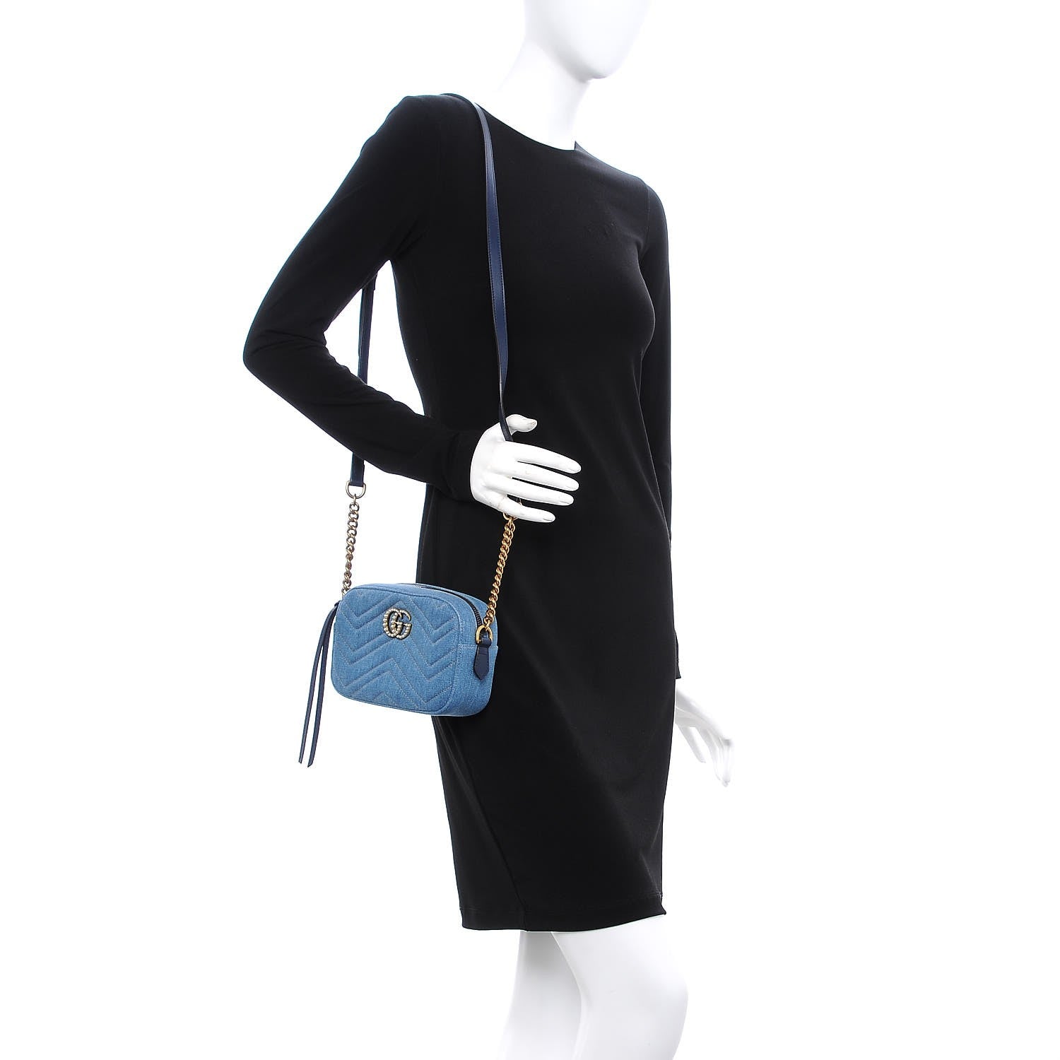Gucci Denim Matelasse Mini Pearly GG Marmont Chain Shoulder Bag Blue 2 of 7