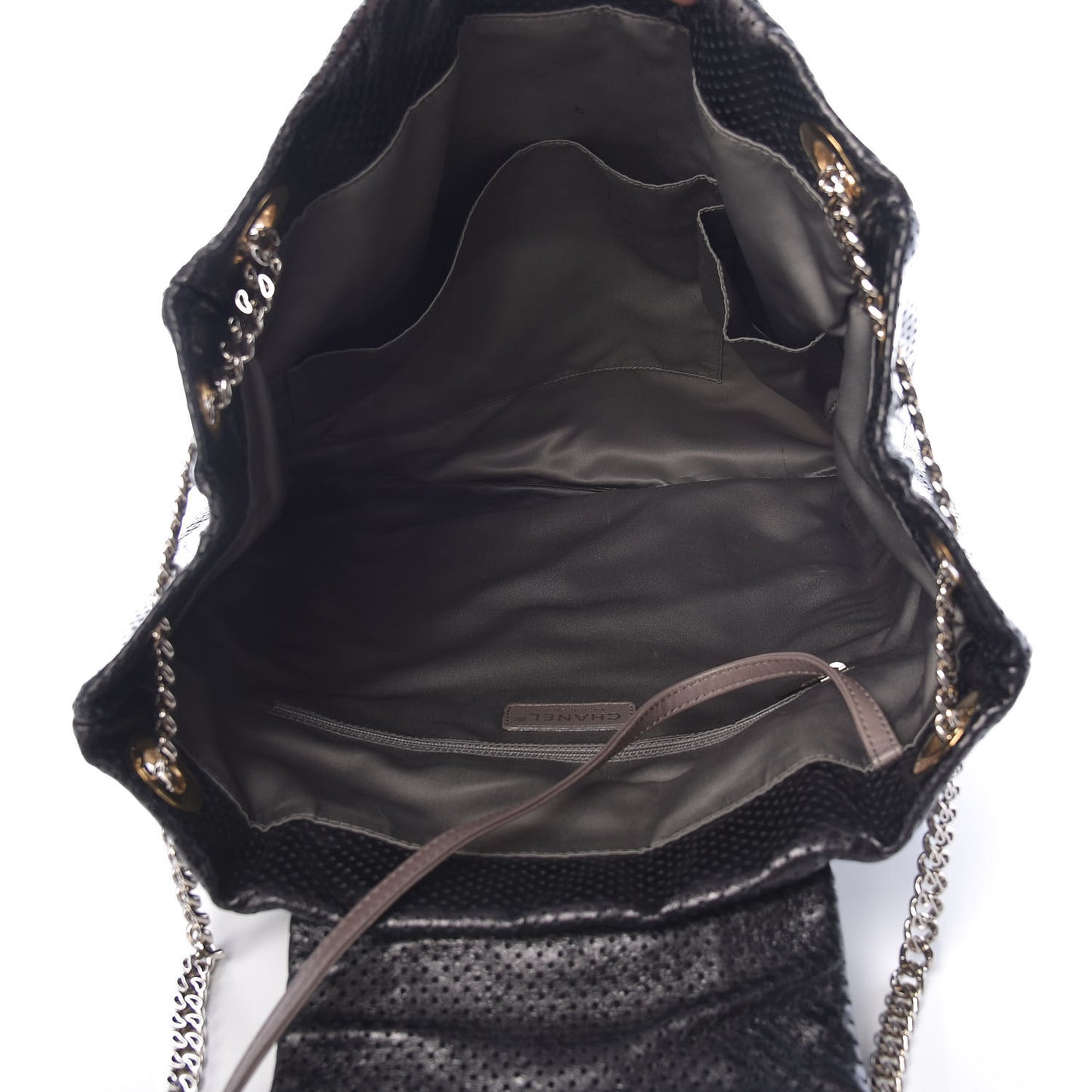Metallic Crackled Calfskin Perforated Drill Shoulder Bag Black
