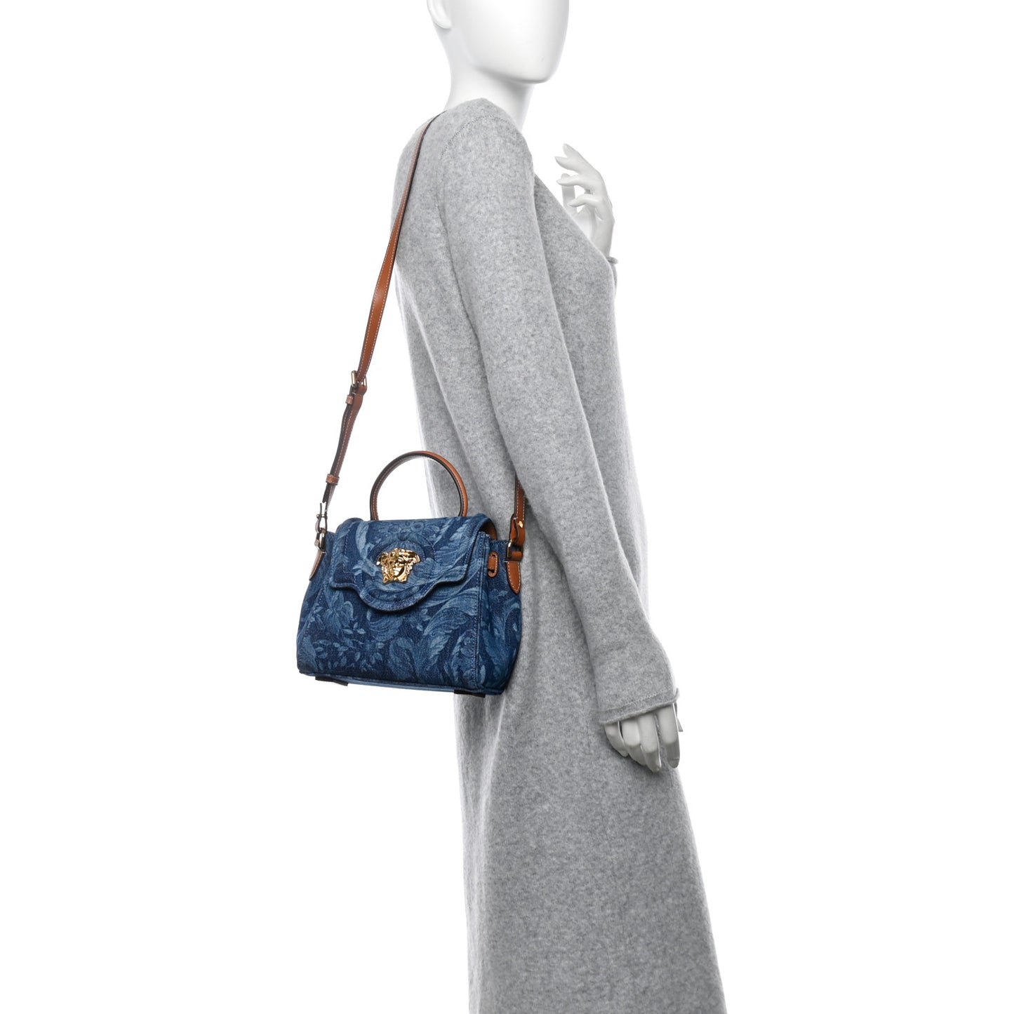 Denim Barocco Small La Medusa Chain Top Handle Handbag Blue Camel