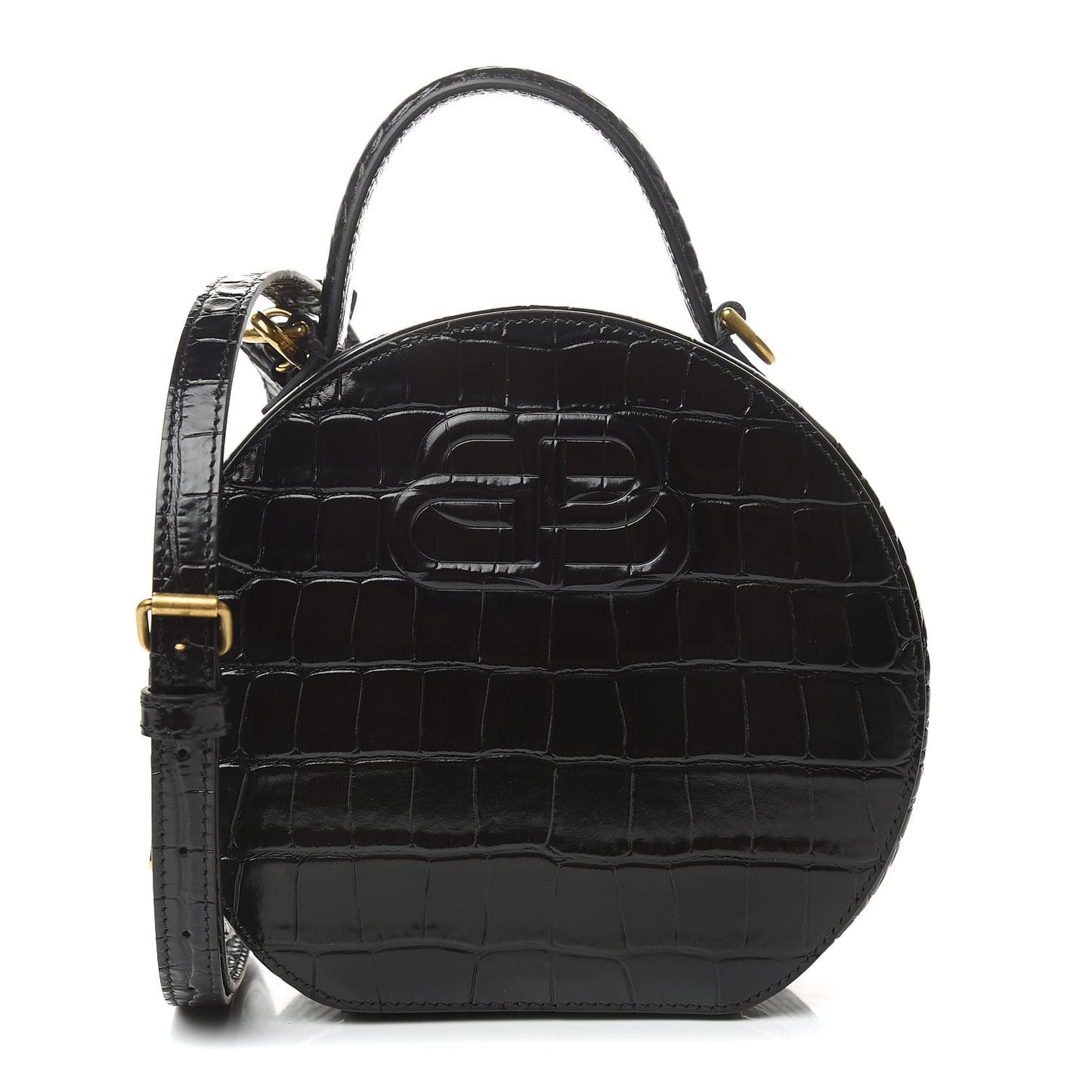 Calfskin Crocodile Embossed Vanity Round Bag XS Black