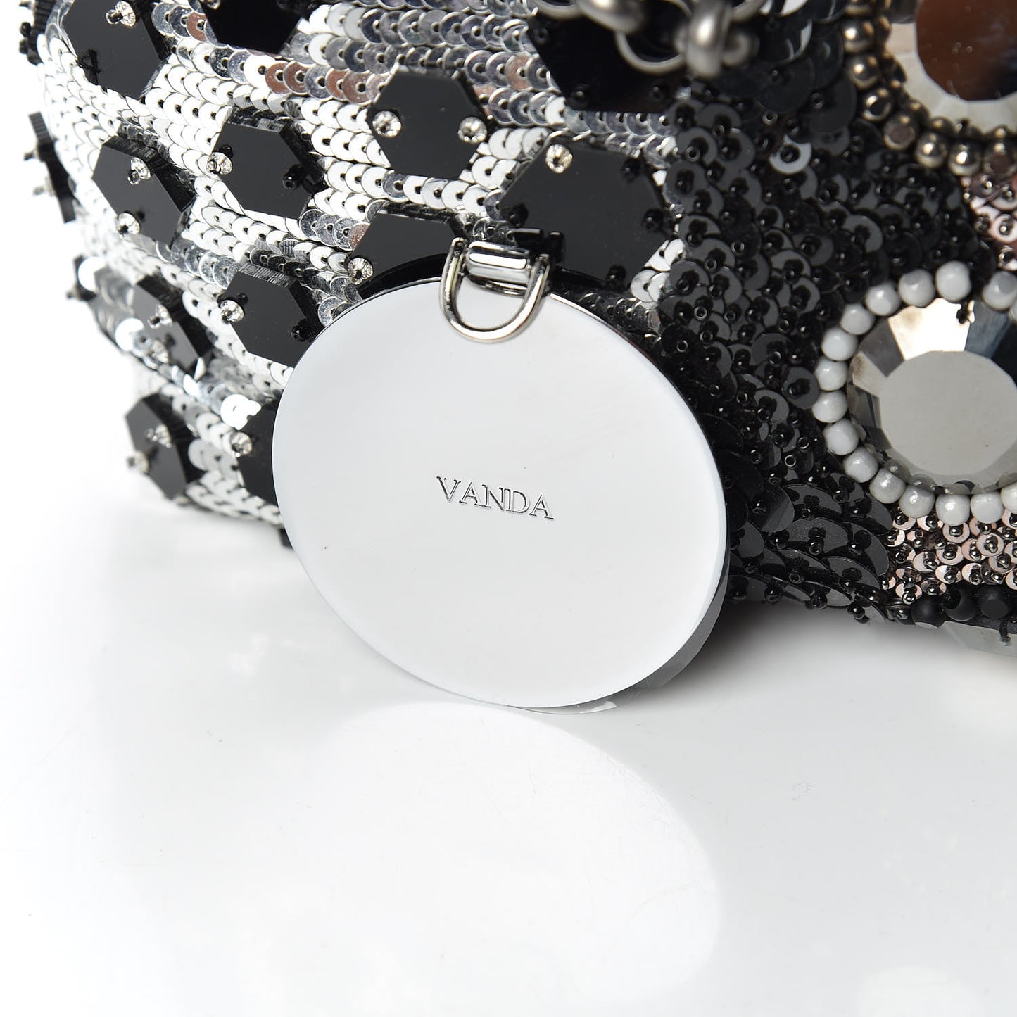Satin Sequin Crystal Embellished Vanda Circles Chain Clutch Black