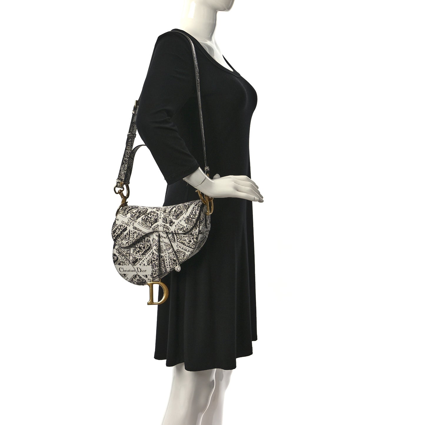 Calfskin Plan De Paris Printed Saddle Bag With Strap White Black