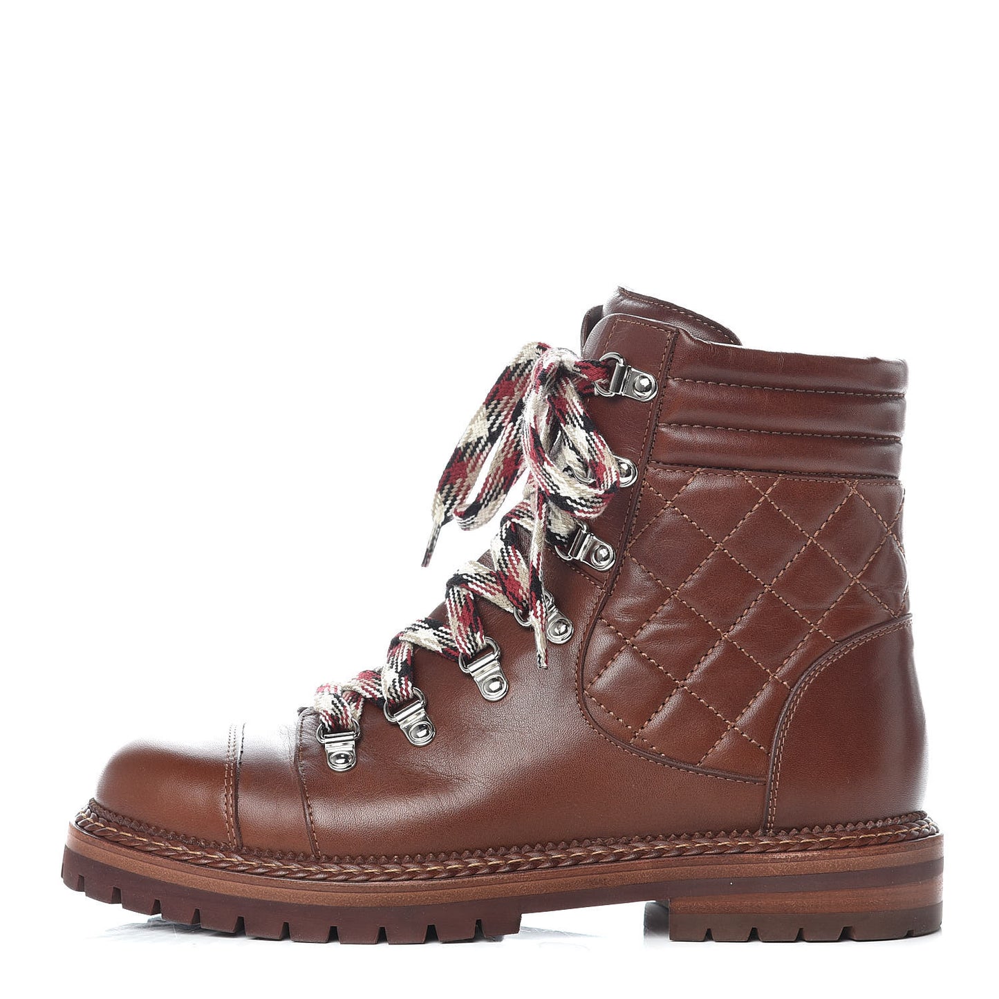 Lambskin Quilted Lace Up Boots 37.5 Brown