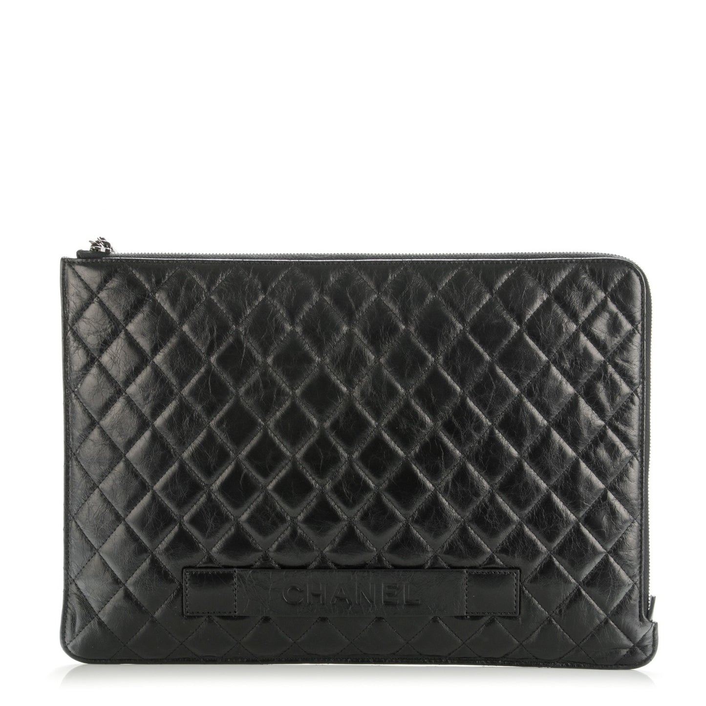 Crumpled Lambskin Quilted Large Slide Pouch Black