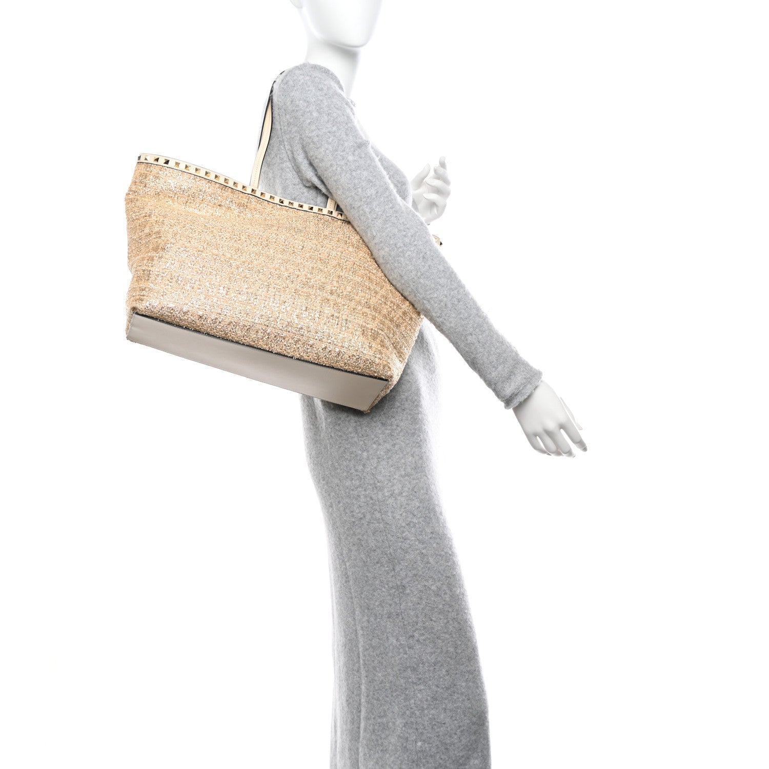 Valentino Garavani Metallic Boucle Raffia Calfskin Rockstud Shoulder Tote White Gold Ivory 2 of 9