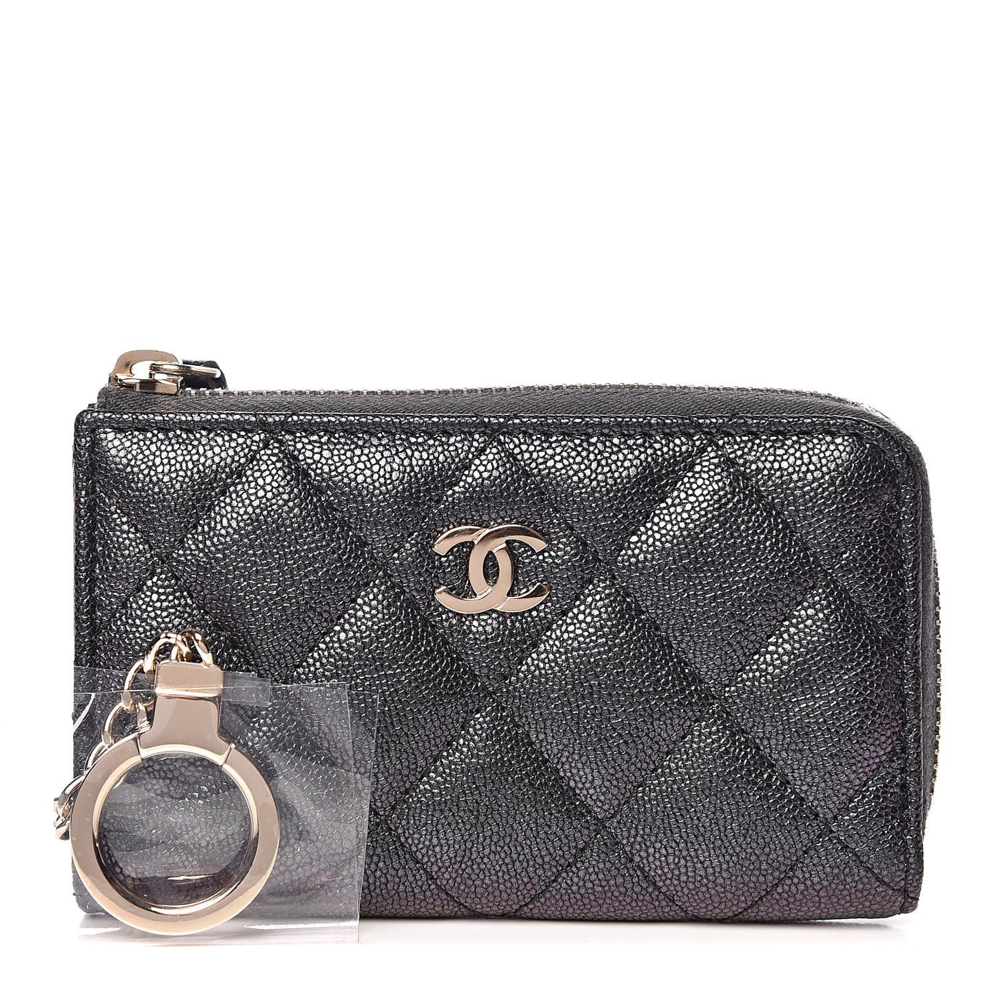 Iridescent Caviar Quilted Zipped Key Holder Case Black