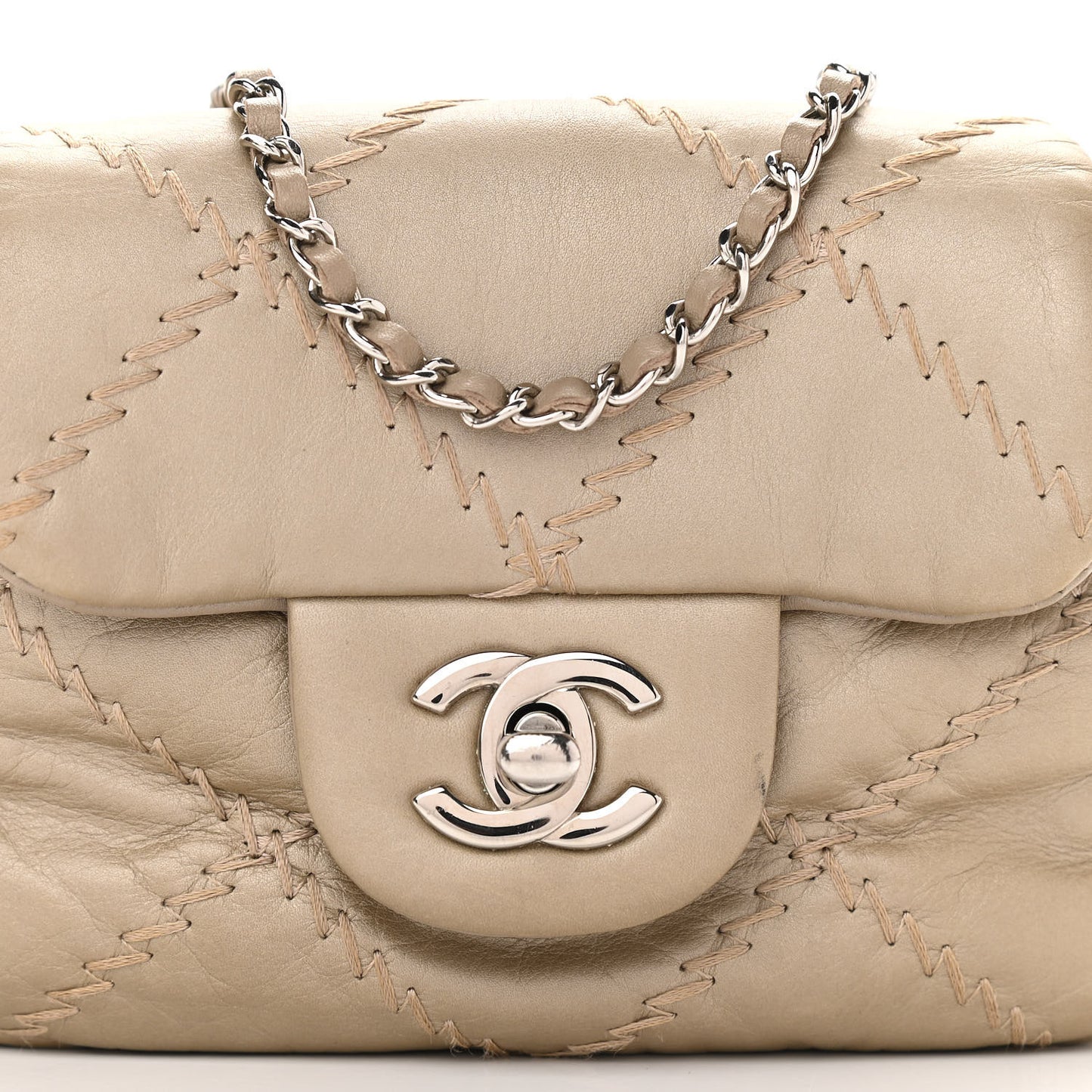 Metallic Lambskin Stitched New Mini Flap Beige