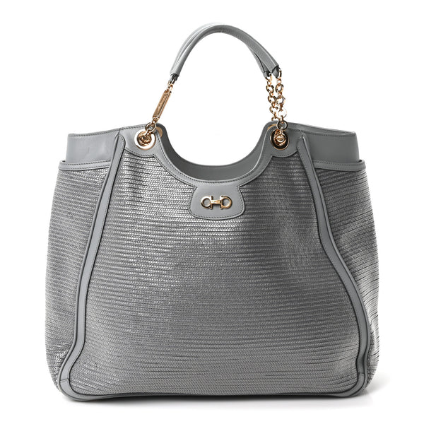 Salvatore Ferragamo ロゴポーチ グレー Salvatore Ferragamo Calfskin Raffia Betulla Tote Grey 1867471