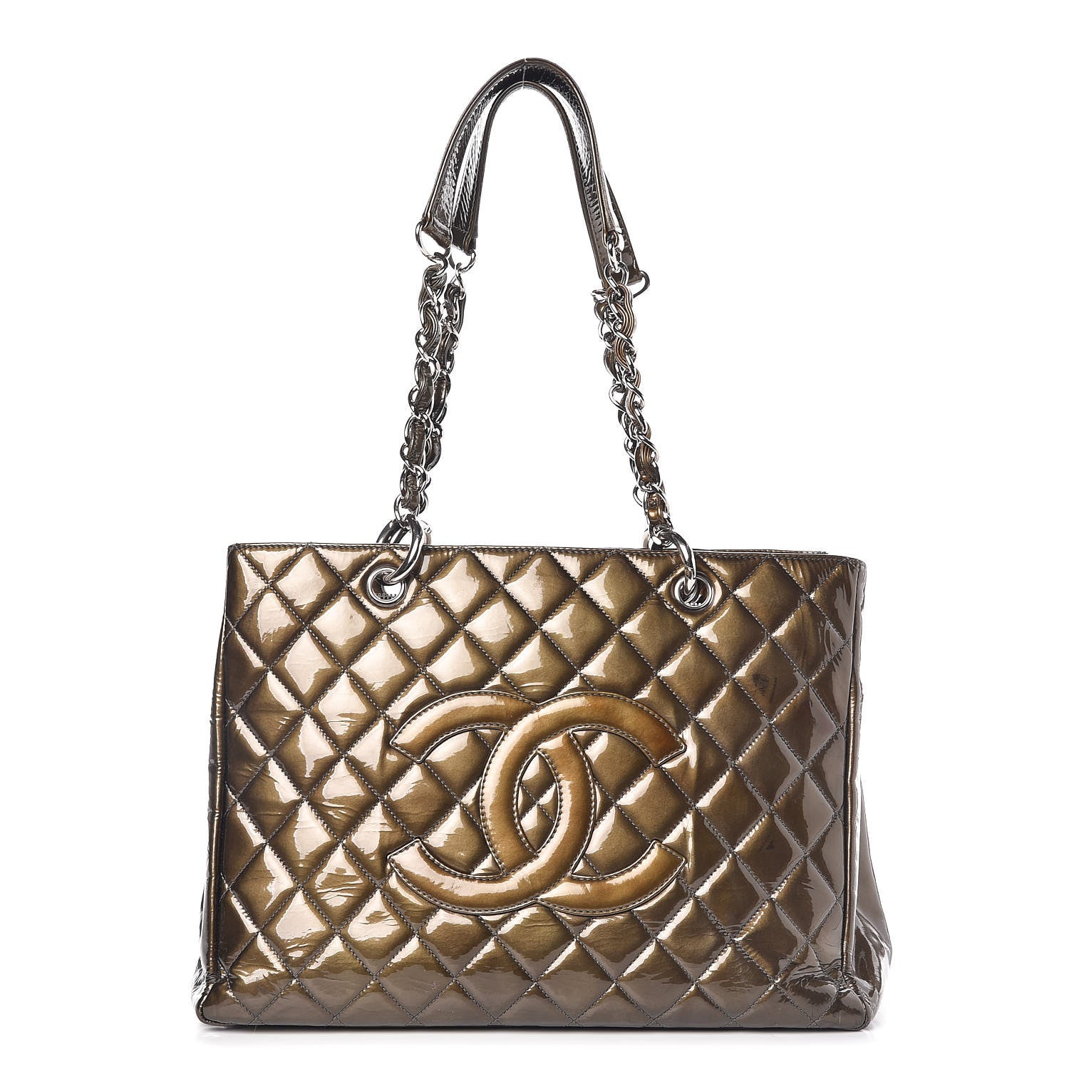Chanel Patent Quilted Grand Shopping Tote GST Green 1 of 16