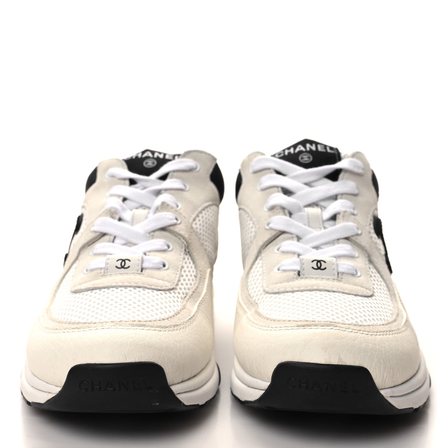 Chanel Mesh Suede Calfskin Grained Calfskin Womens CC Sneakers 39.5 White Black 2 of 8