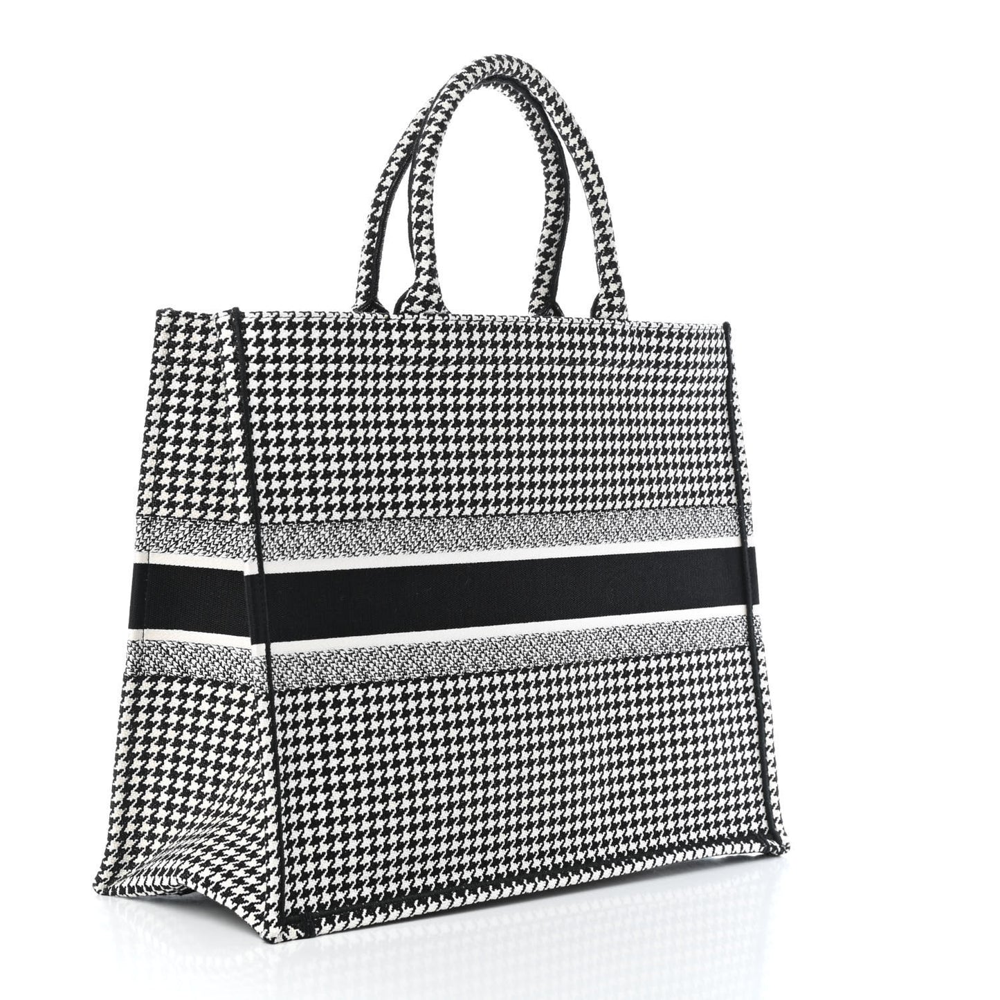 Canvas Houndstooth Embroidered Book Tote Black White
