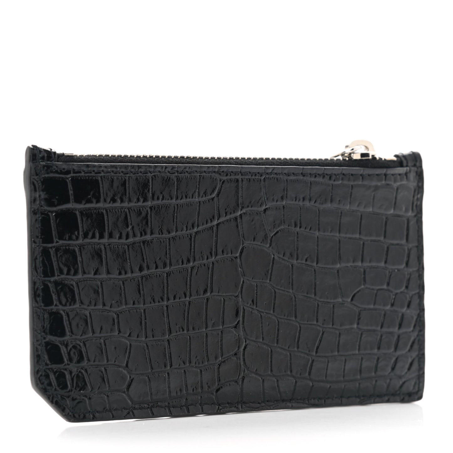 Calfskin Crocodile Embossed 5 Fragments Zip Pouch Card Holder Black