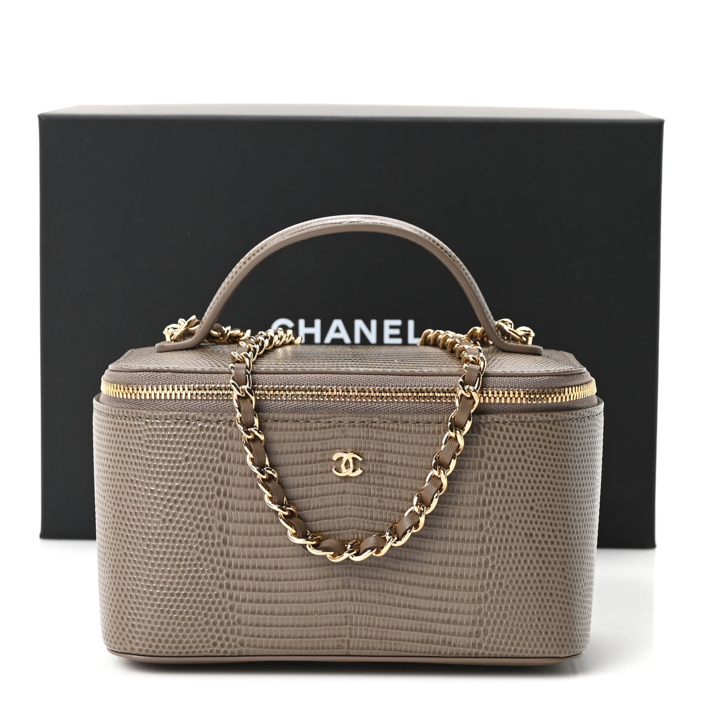 Calfskin Lizard Embossed Top Handle Vanity With Chain Dark Khaki