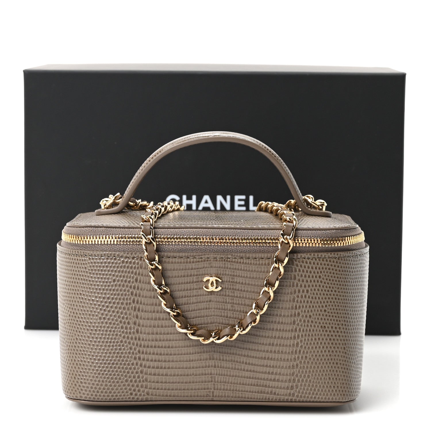 Chanel Calfskin Lizard Embossed Top Handle Vanity With Chain Dark Khaki 11 of 11