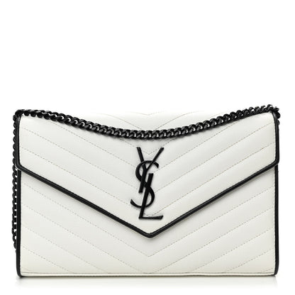 Saint Laurent Grain De Poudre Matelasse Monogram Chain Wallet White Black 1 of 11