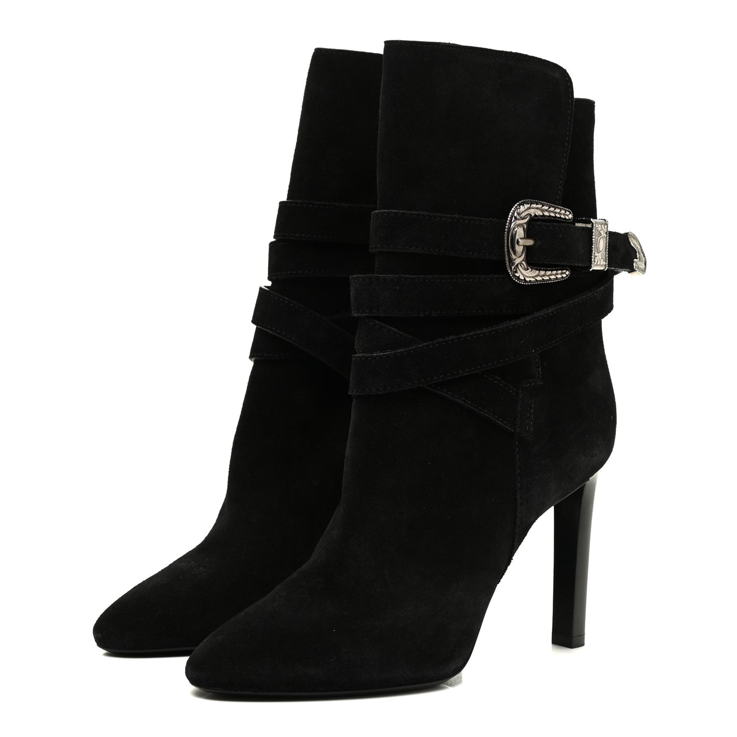 Suede Mica Buckle Western Ankle Booties 39 Black