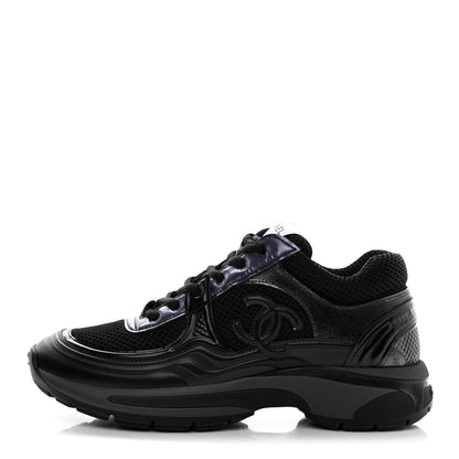 Chanel Fabric Laminated Calfskin Stretch CC Womens Sneakers 37 Black 1 of 8