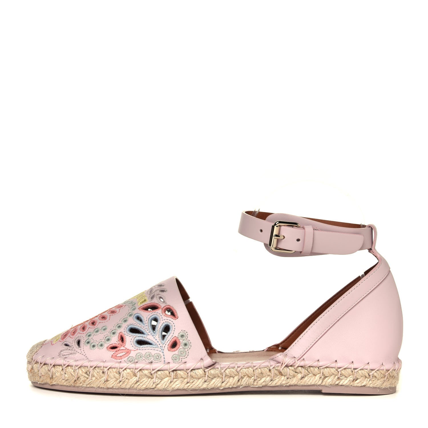 Valentino Garavani Calfskin Embroidered Cutout Ajour Ankle Wrap Espadrilles 38 Water Rose 1 of 12