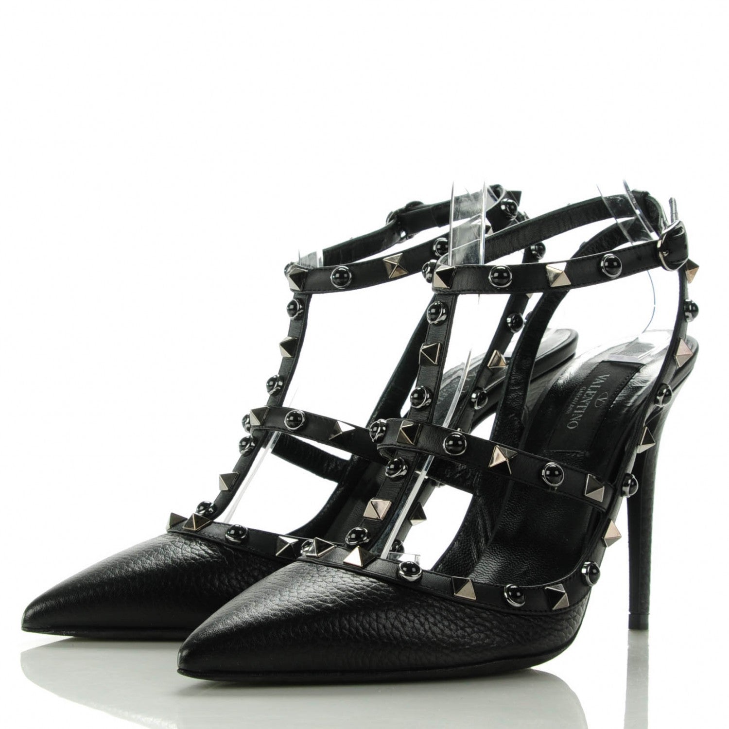 Valentino Garavani Pebbled Calfskin Onyx Rockstud Rolling Ankle Strap 100mm Pumps 38 Black 3 of 7