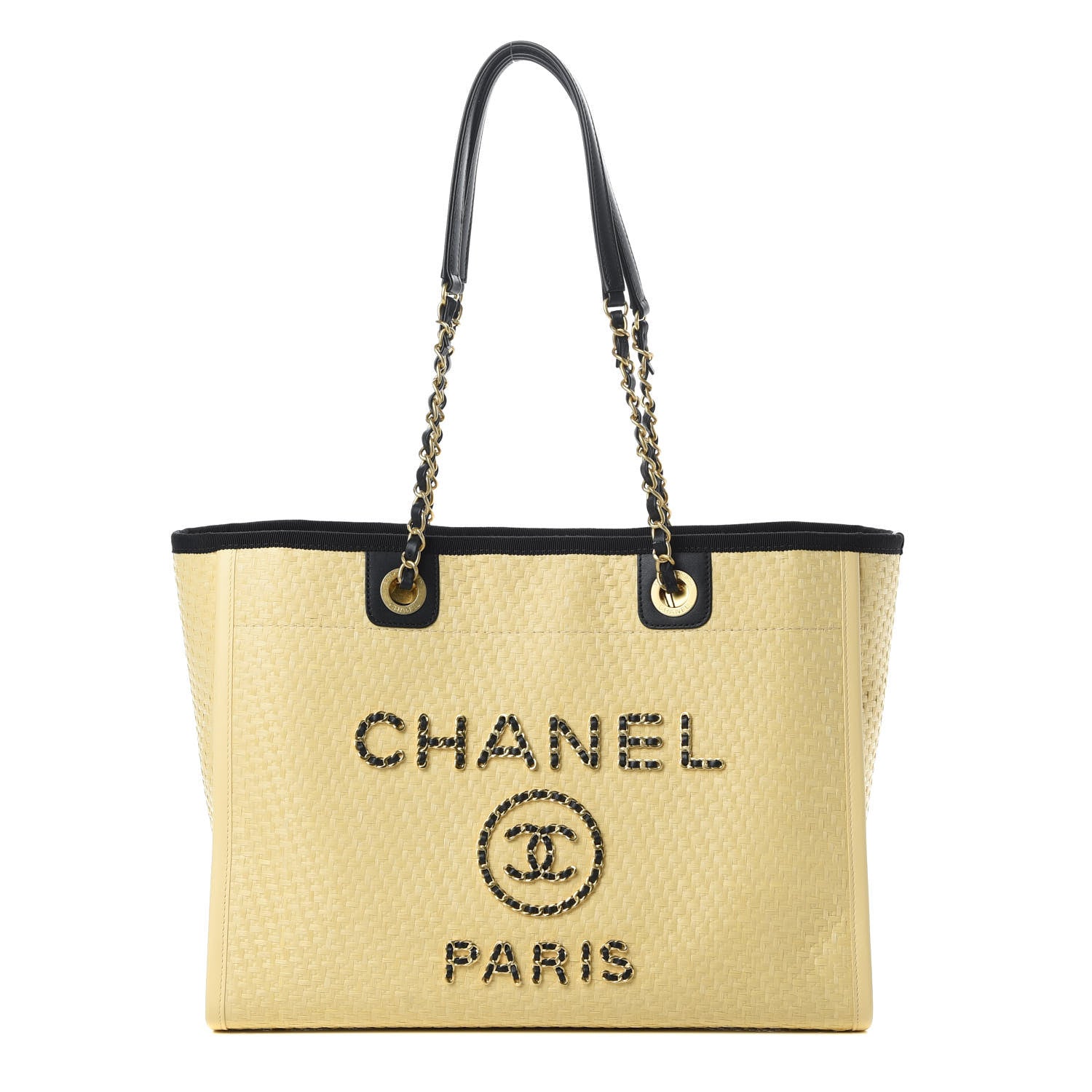 Chanel Straw Raffia Calfskin Chain Small Deauville Tote Beige Black 1 of 10
