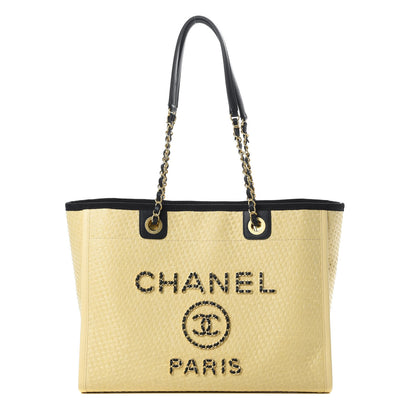 Chanel Straw Raffia Calfskin Chain Small Deauville Tote Beige Black 1 of 10