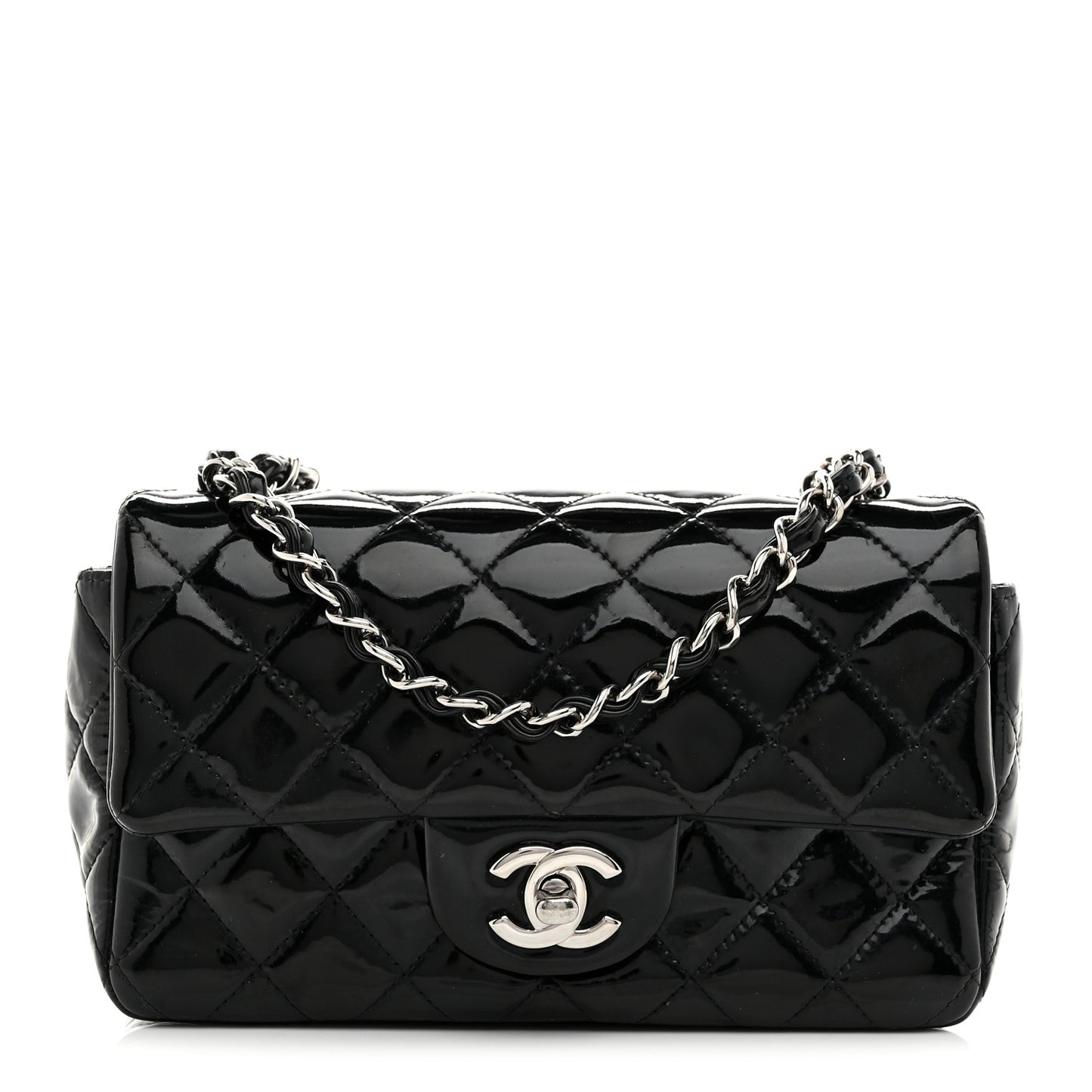 Patent Calfskin Quilted Mini Rectangular Flap Black