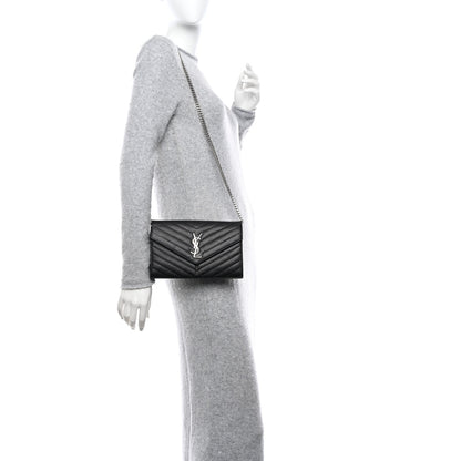 Saint Laurent Grain De Poudre Matelasse Chevron Monogram Chain Wallet Black 2 of 10