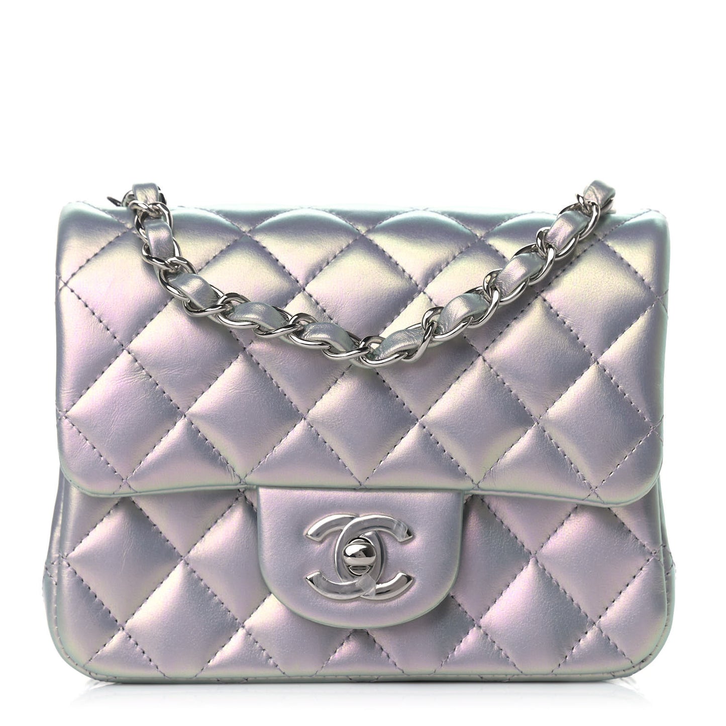 Iridescent Lambskin Quilted Mini Square Flap Light Purple