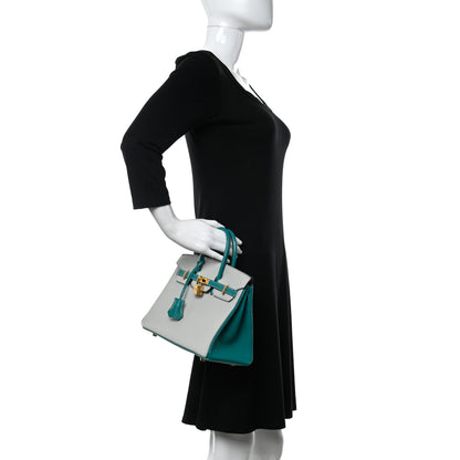 Hermes Chevre Mysore Horseshoe Birkin 25 Gris Perle Bleu Paon 2 of 11