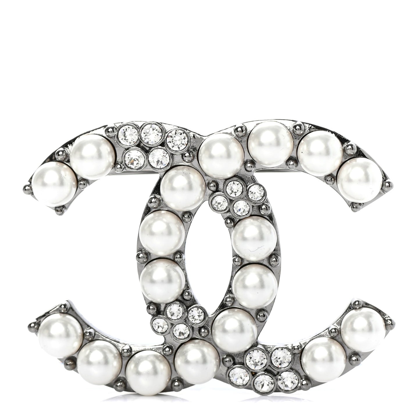 Pearl Crystal CC Brooch Silver