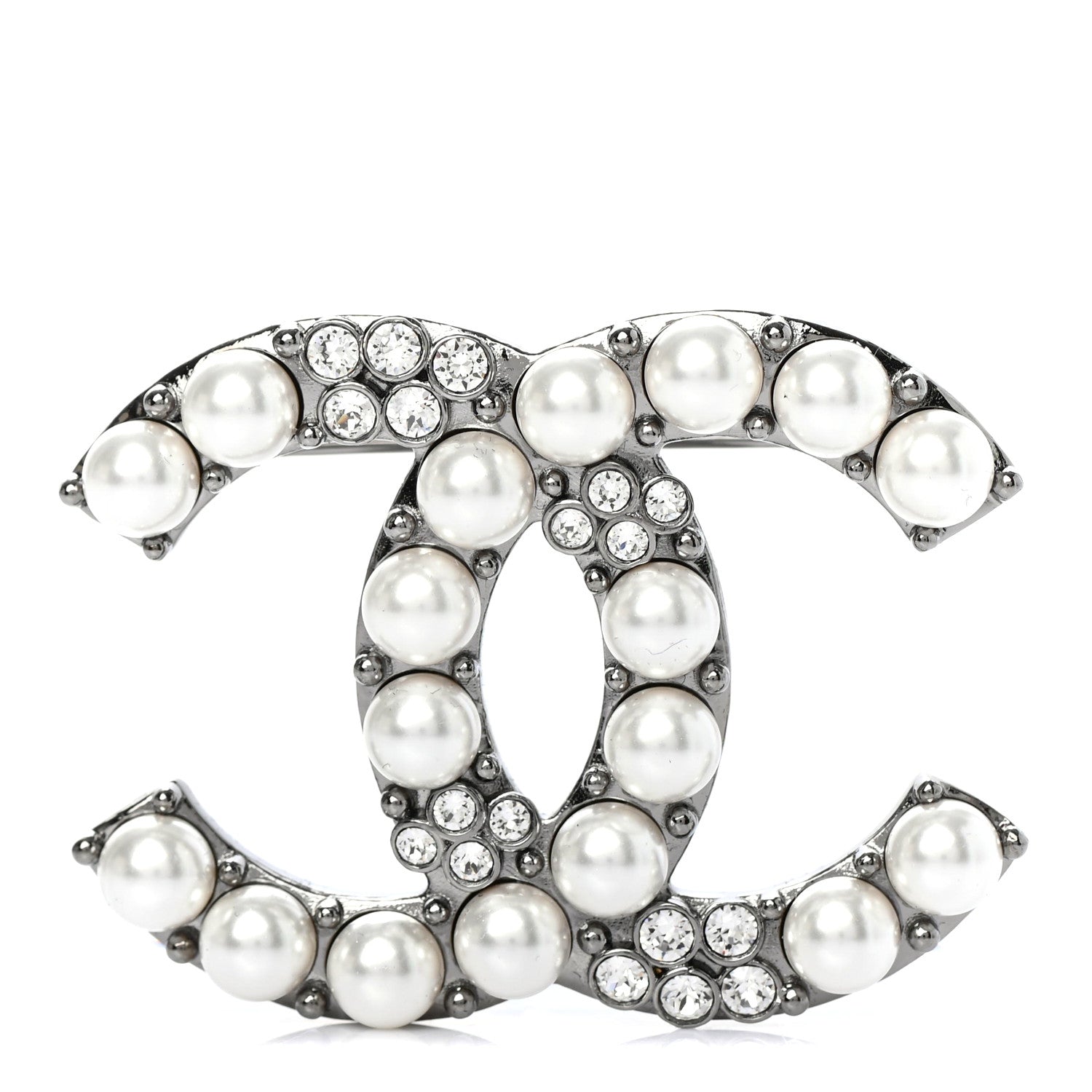 Chanel Pearl Crystal CC Brooch Silver 1 of 3