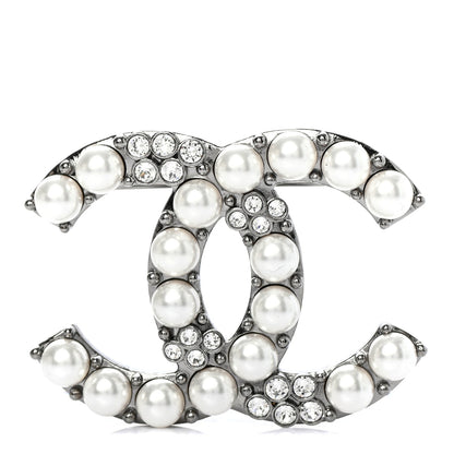 Chanel Pearl Crystal CC Brooch Silver 1 of 3