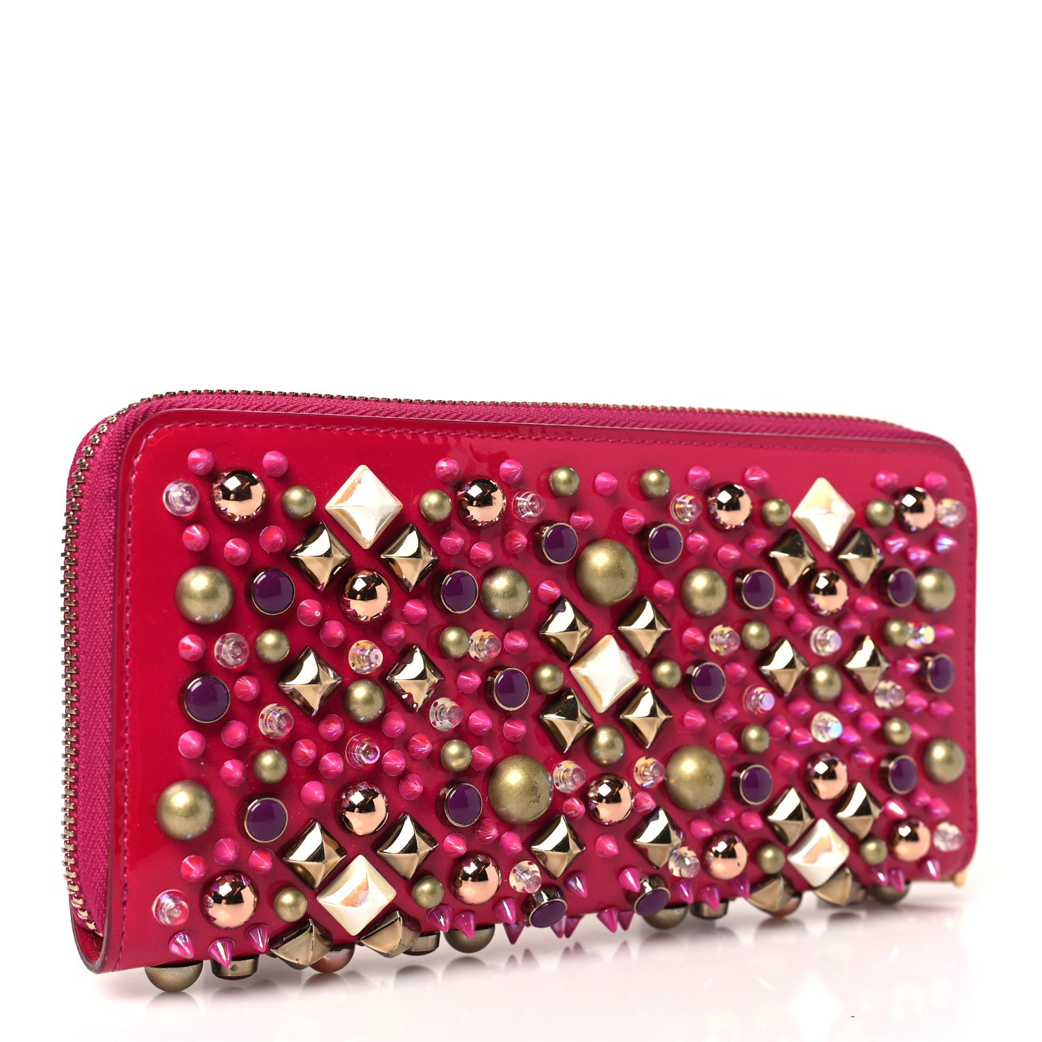 Christian Louboutin Patent Panettone Spiked Zip Around Wallet Ultra Rose 3 of 8