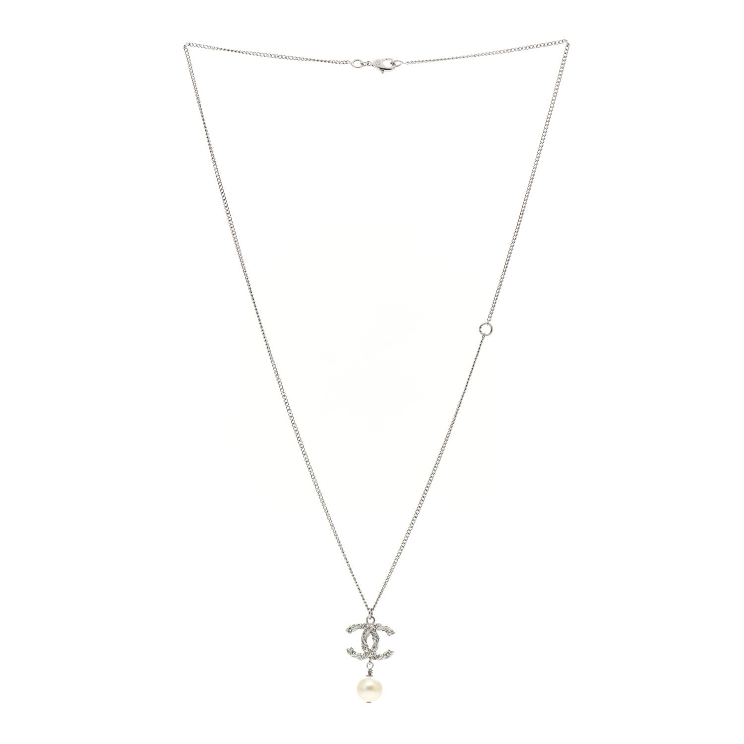 Chanel Baguette Crystal Pearl CC Lariat Necklace Silver 3 of 4