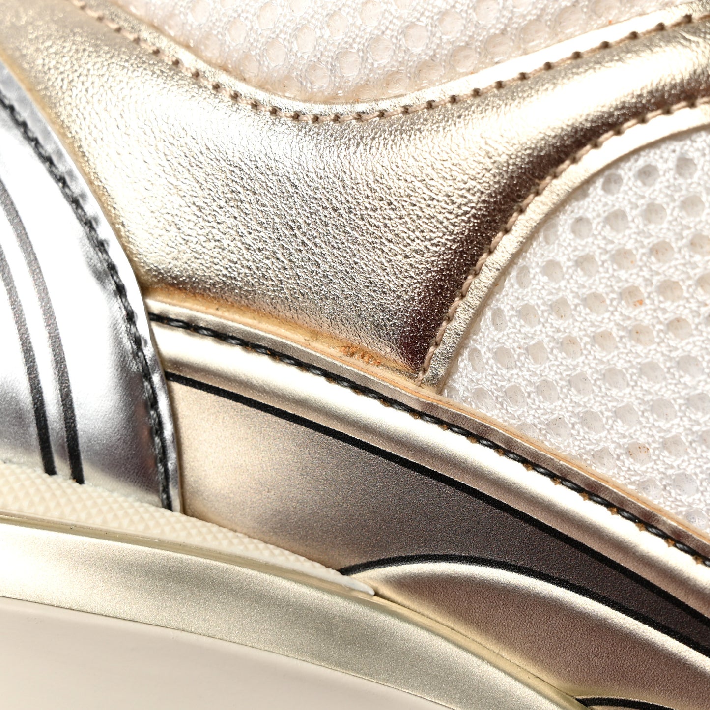 Fabric Laminated Calfskin Stretch CC Womens Sneakers 38 White Gold Silver
