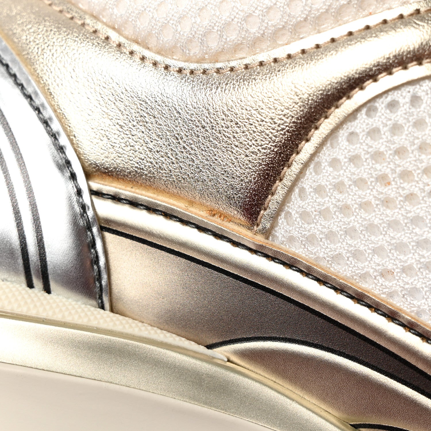 Chanel Fabric Laminated Calfskin Stretch CC Womens Sneakers 38 White Gold Silver 10 of 15
