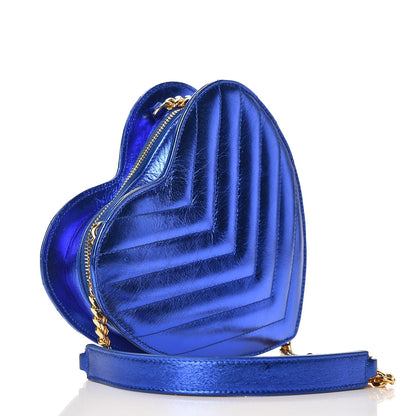 Saint Laurent Metallic Calfskin Matelasse Small Love Heart Chain Bag Blue Royal 3 of 7