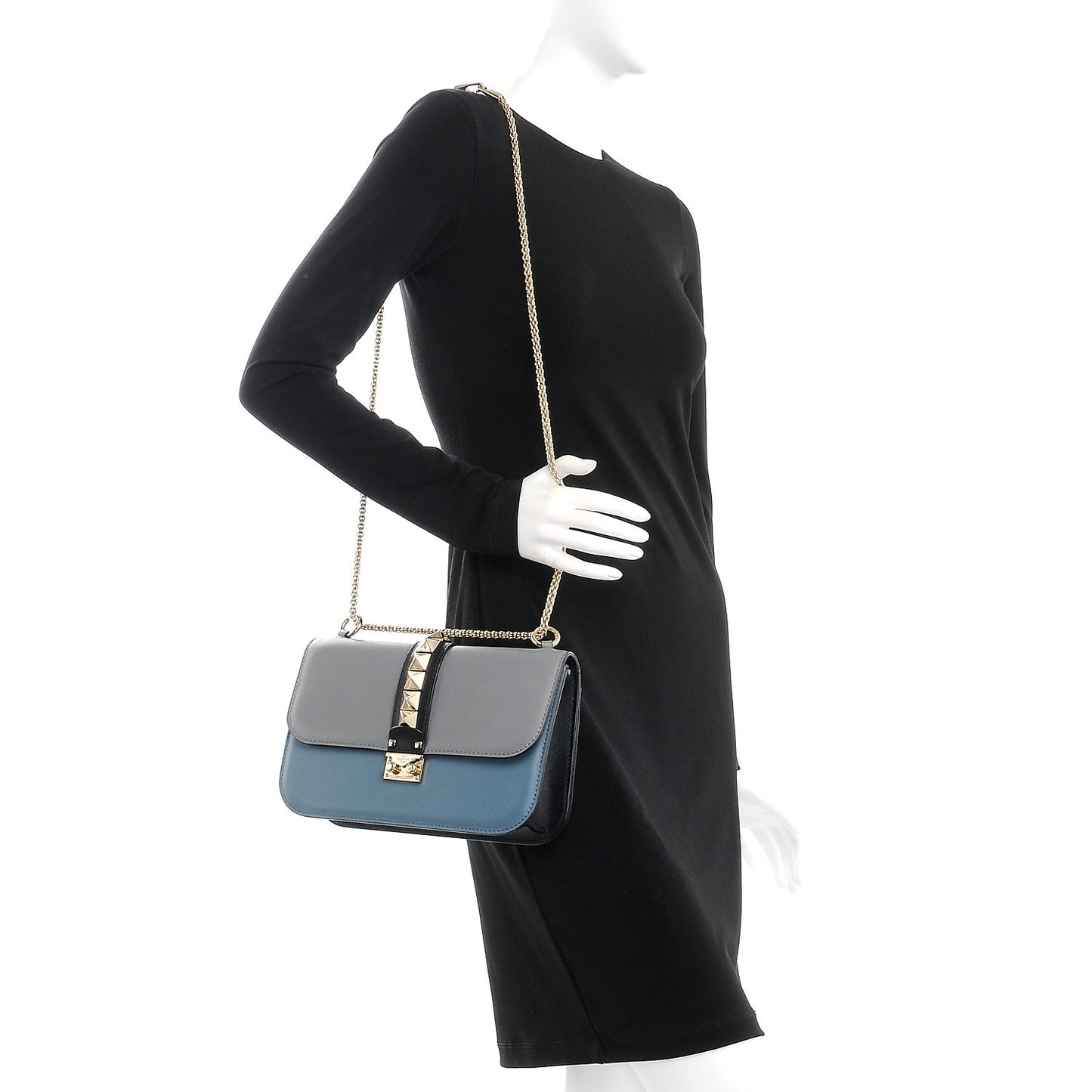 Vitello Tri-Color Medium Glam Lock Rockstud Flap Grey Blue Black