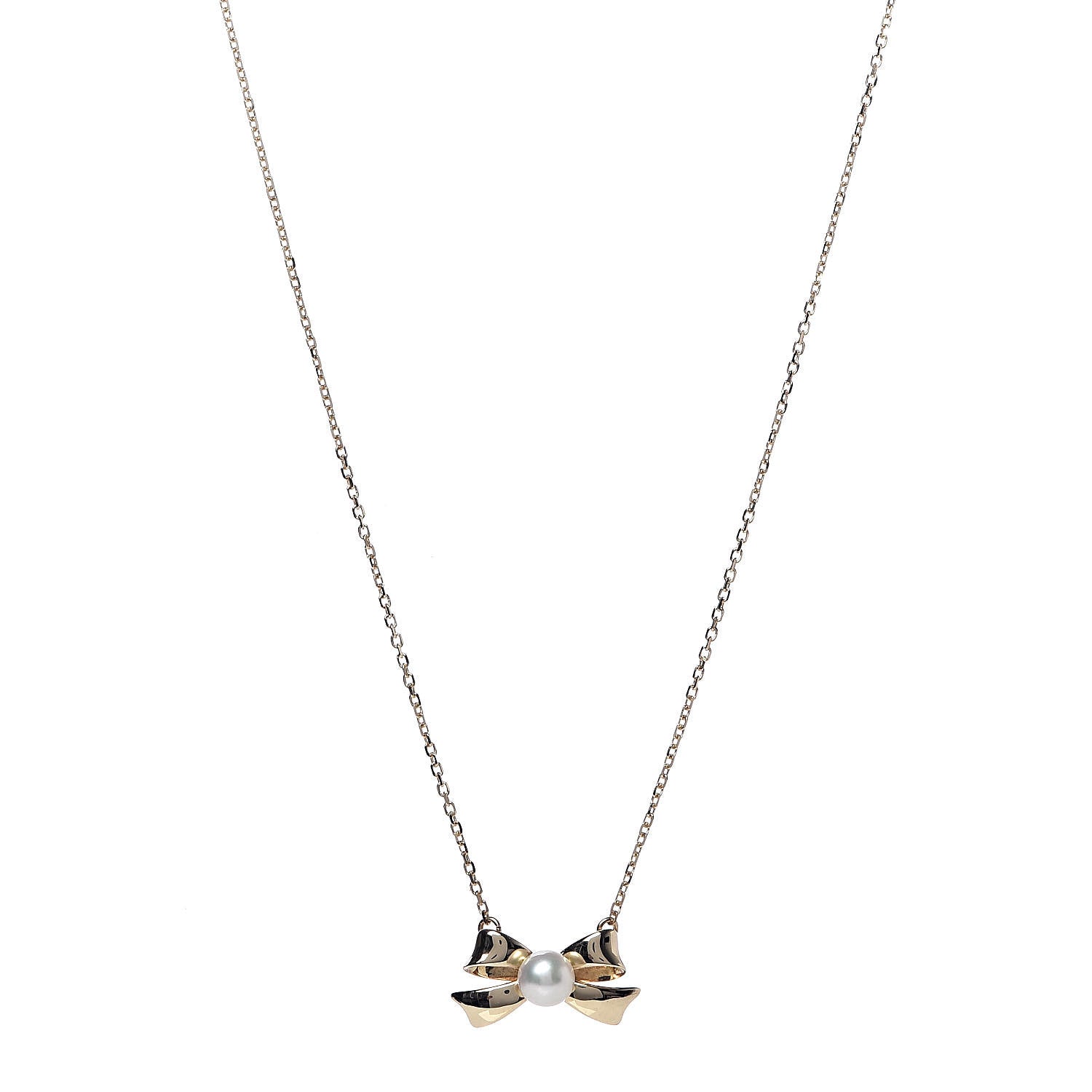 Mikimoto 18K Yellow Gold Pearl 5mm Bow Pendant Necklace 1 of 5