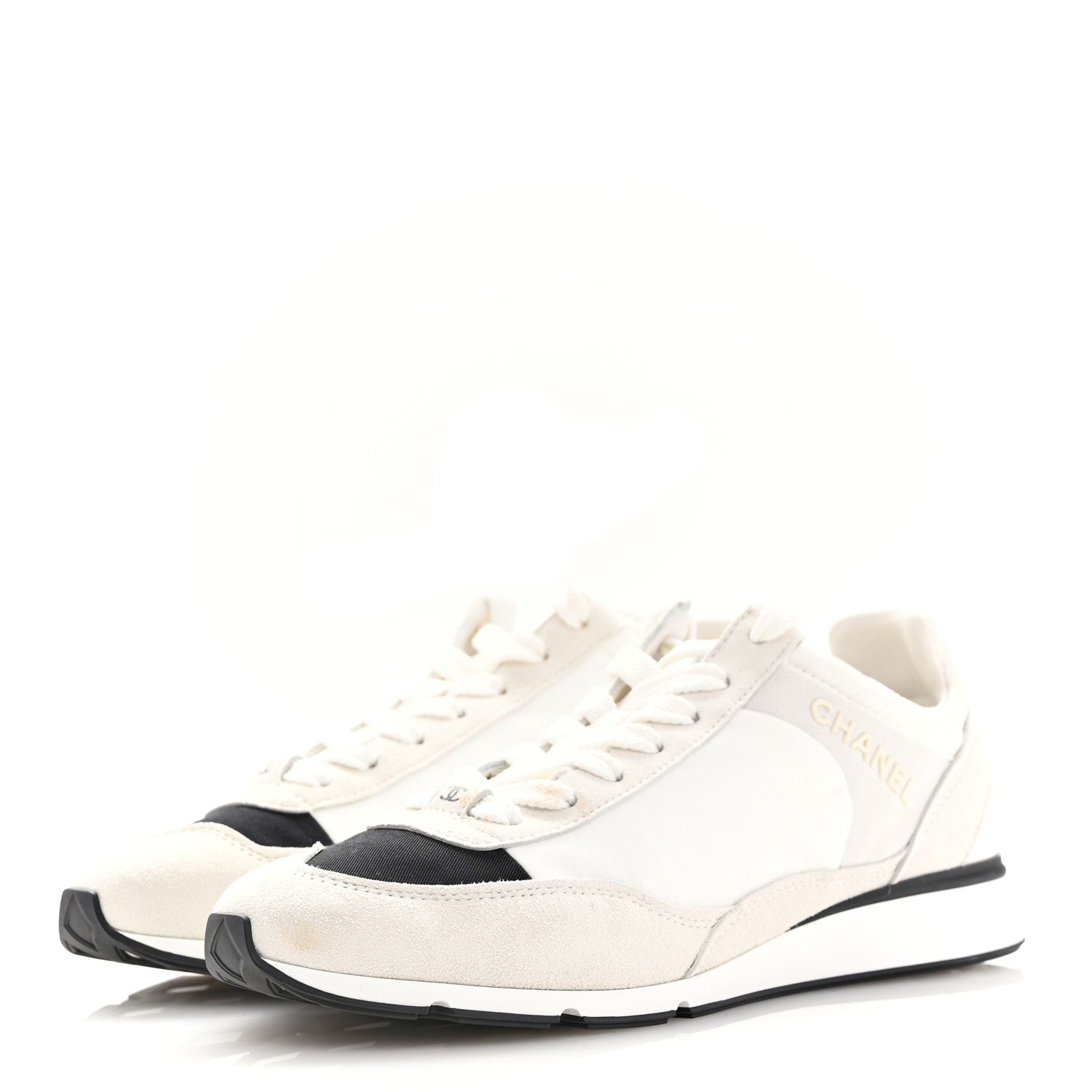 Chanel Nylon Suede Kidskin Calfskin Logo Sneakers 38 White Black 4 of 11