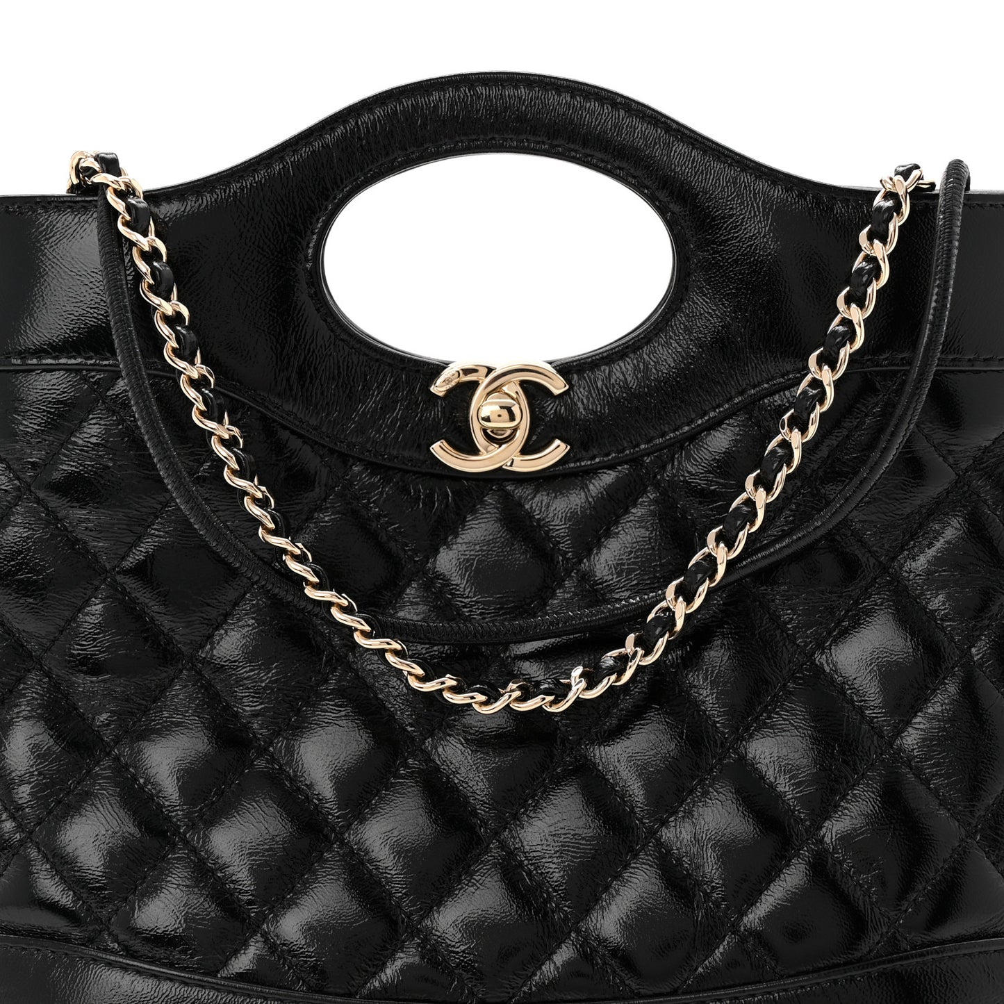 Shiny Crumpled Calfskin Quilted Mini 31 Shopping Bag Black