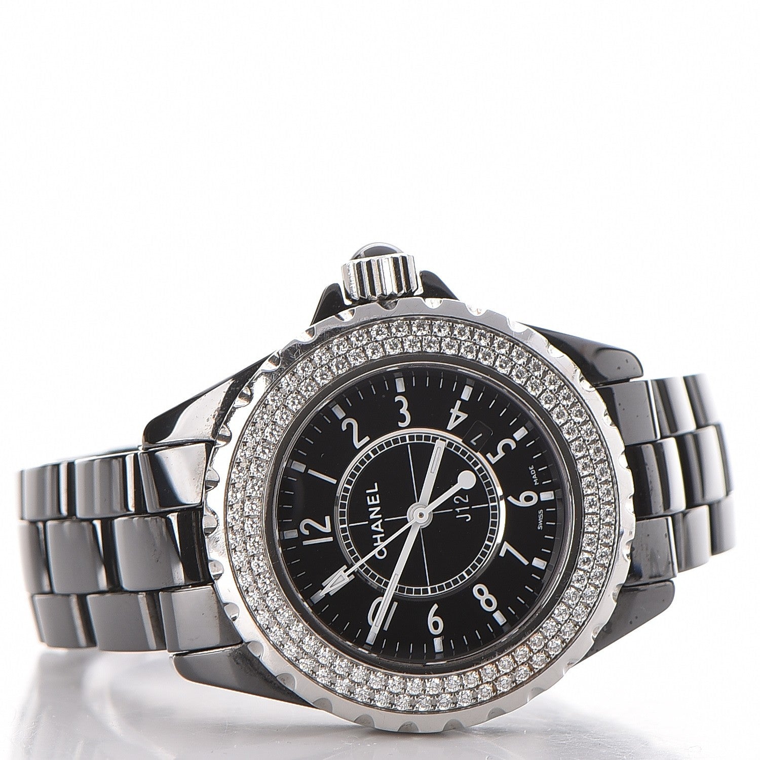 Chanel Stainless Steel Ceramic Diamond Pave Bezel 33mm J12 Quartz Watch Black 4 of 8