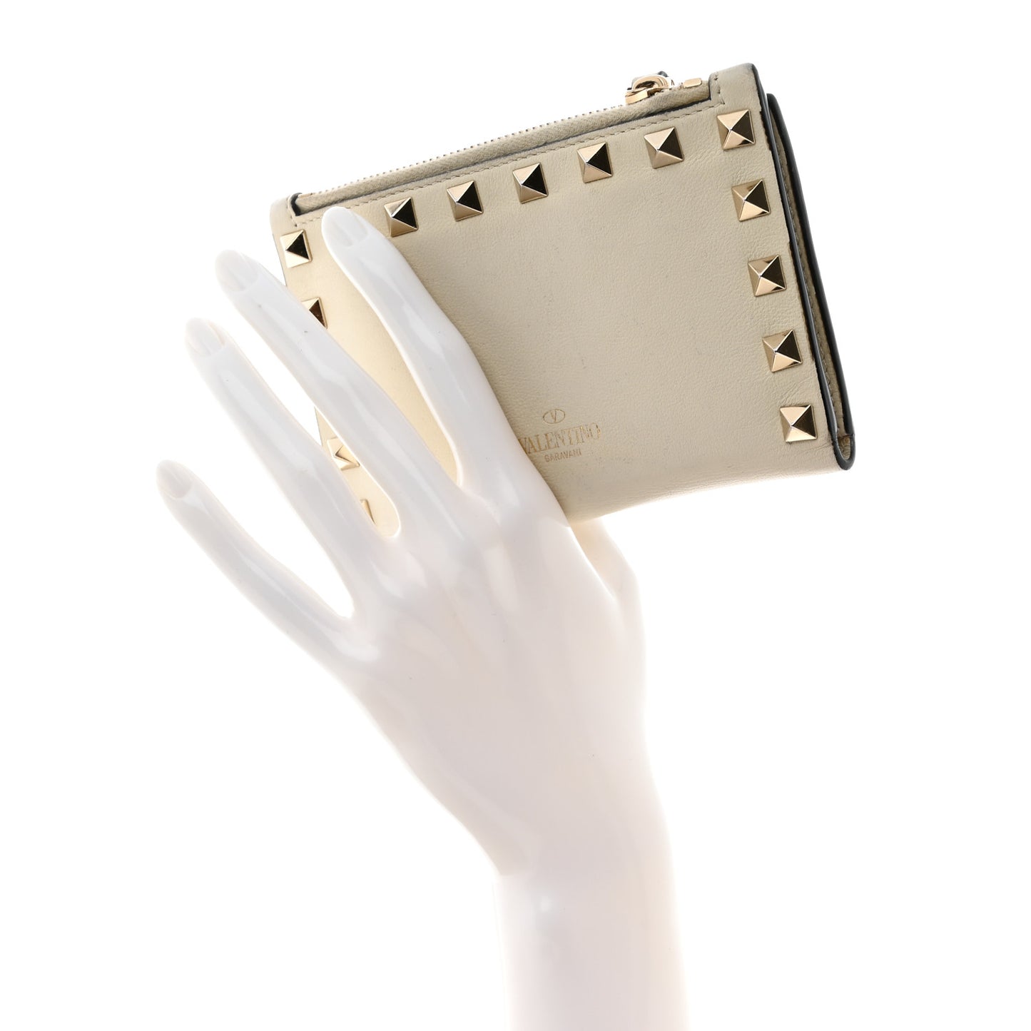 Calfskin Rockstud Card Holder with Zipper Ivory